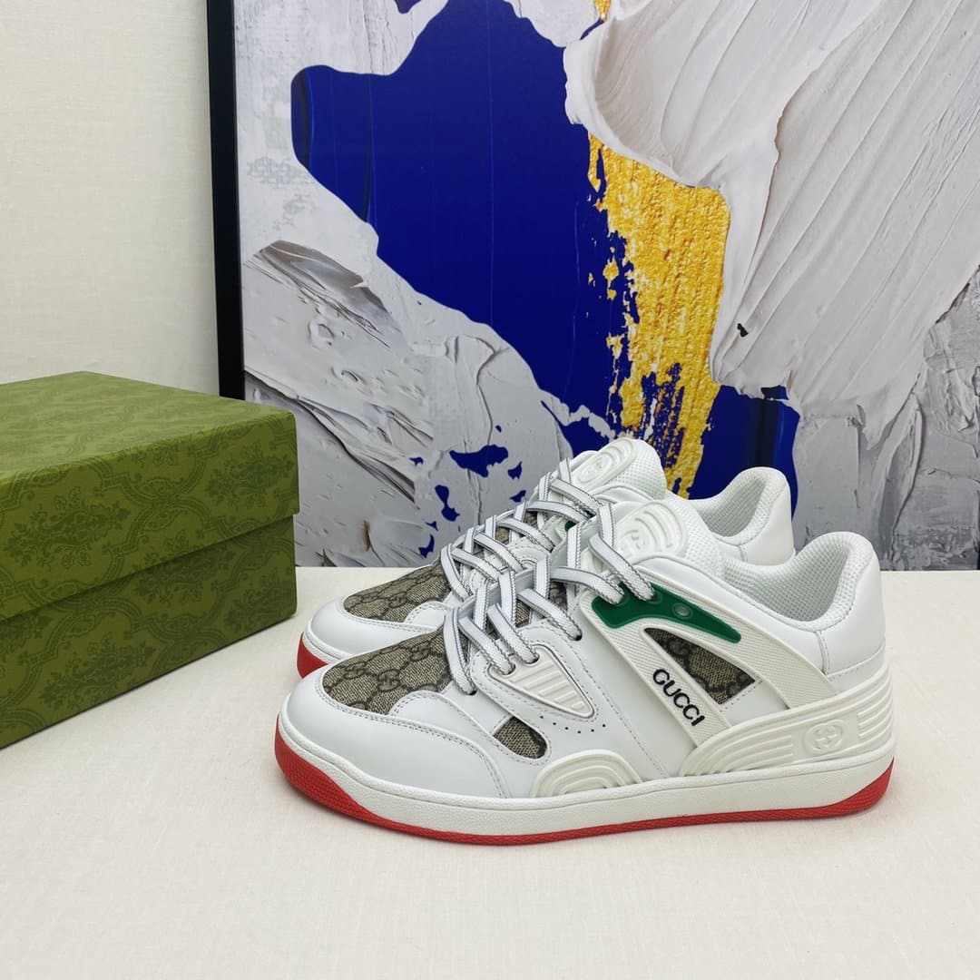 (1:1 replica) Gucci Women s Gucci Basket Sneaker By Fabrics White And Brown For Women GG