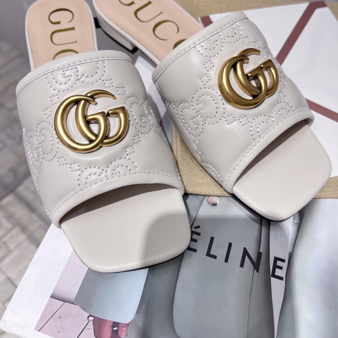 (1:1 replica) Gucci Women s Slide Sandal With Double G White For Women GG
