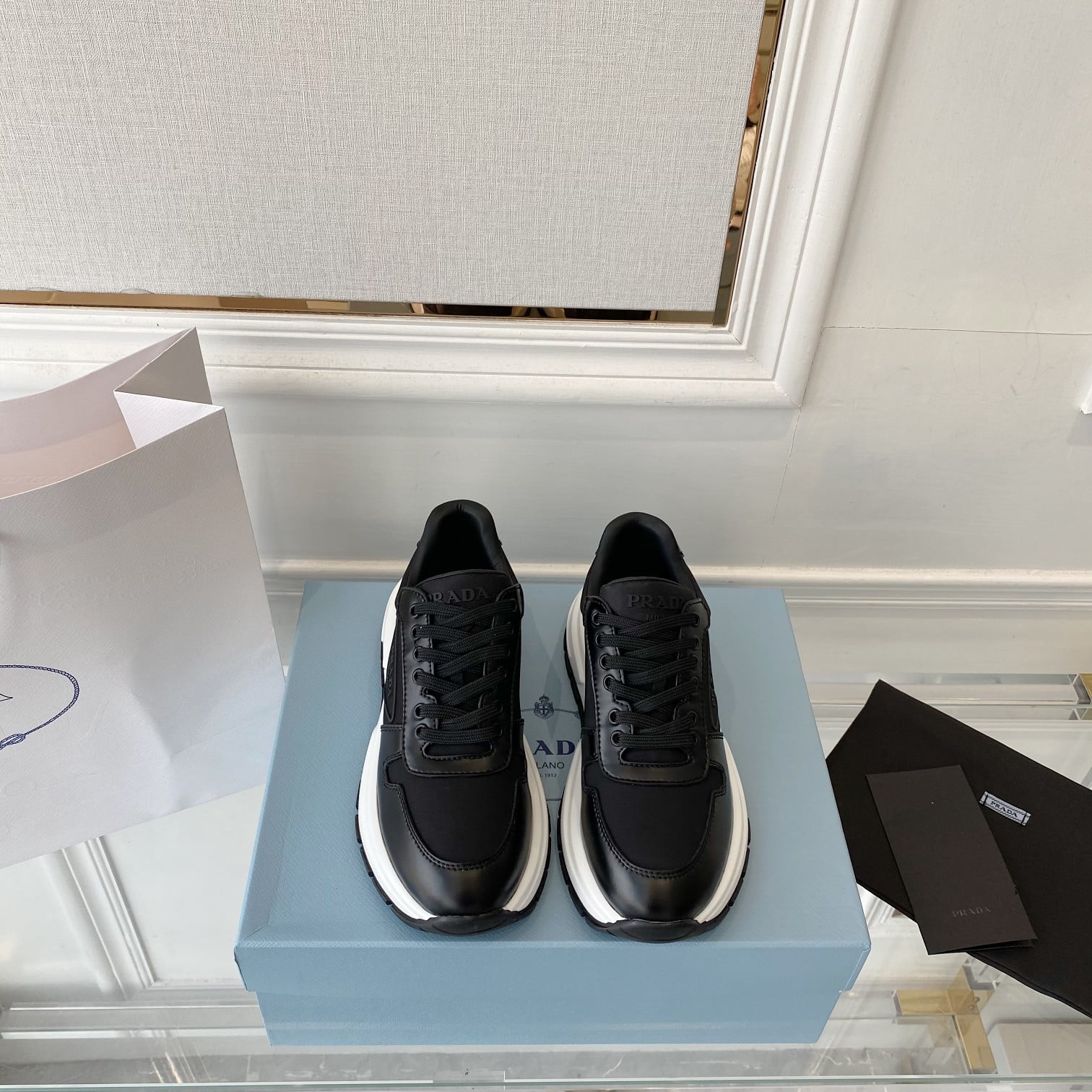(1:1 replica) Prada Prax 01 Re-Nylon Gabardine Sneakers Black For Women 1.8in/45mm PRD 1E499M_1YFL_F0002_F_045
