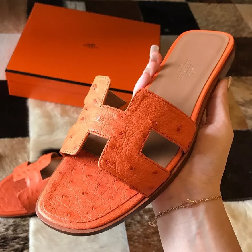 (1:1 replica) HERMES ORAN SLIDE SANDALS IN ORANGE OSTRICH LEATHER HMSD067
