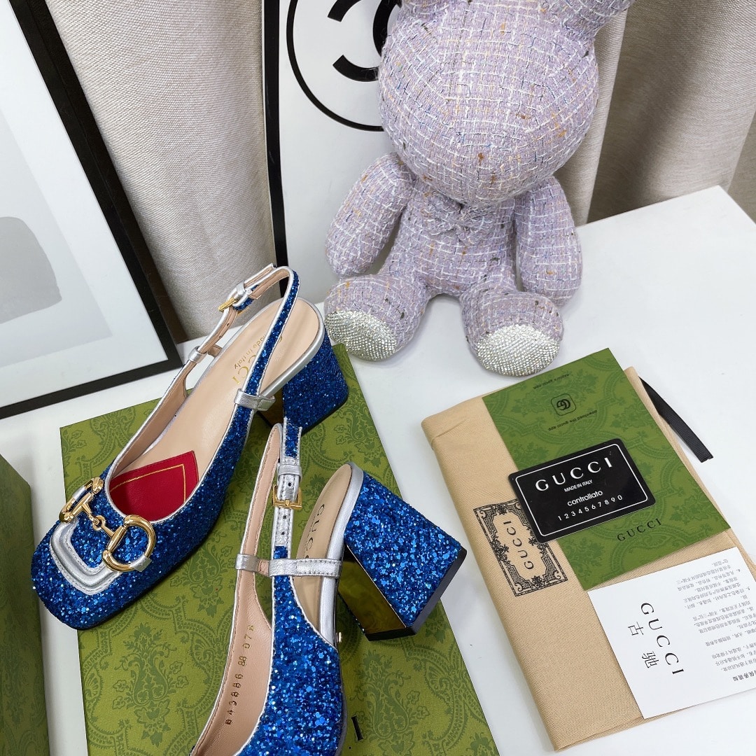 (1:1 replica) Gucci Lovelight Slingback Mid-Heel With Horsebit Blue For Women GG