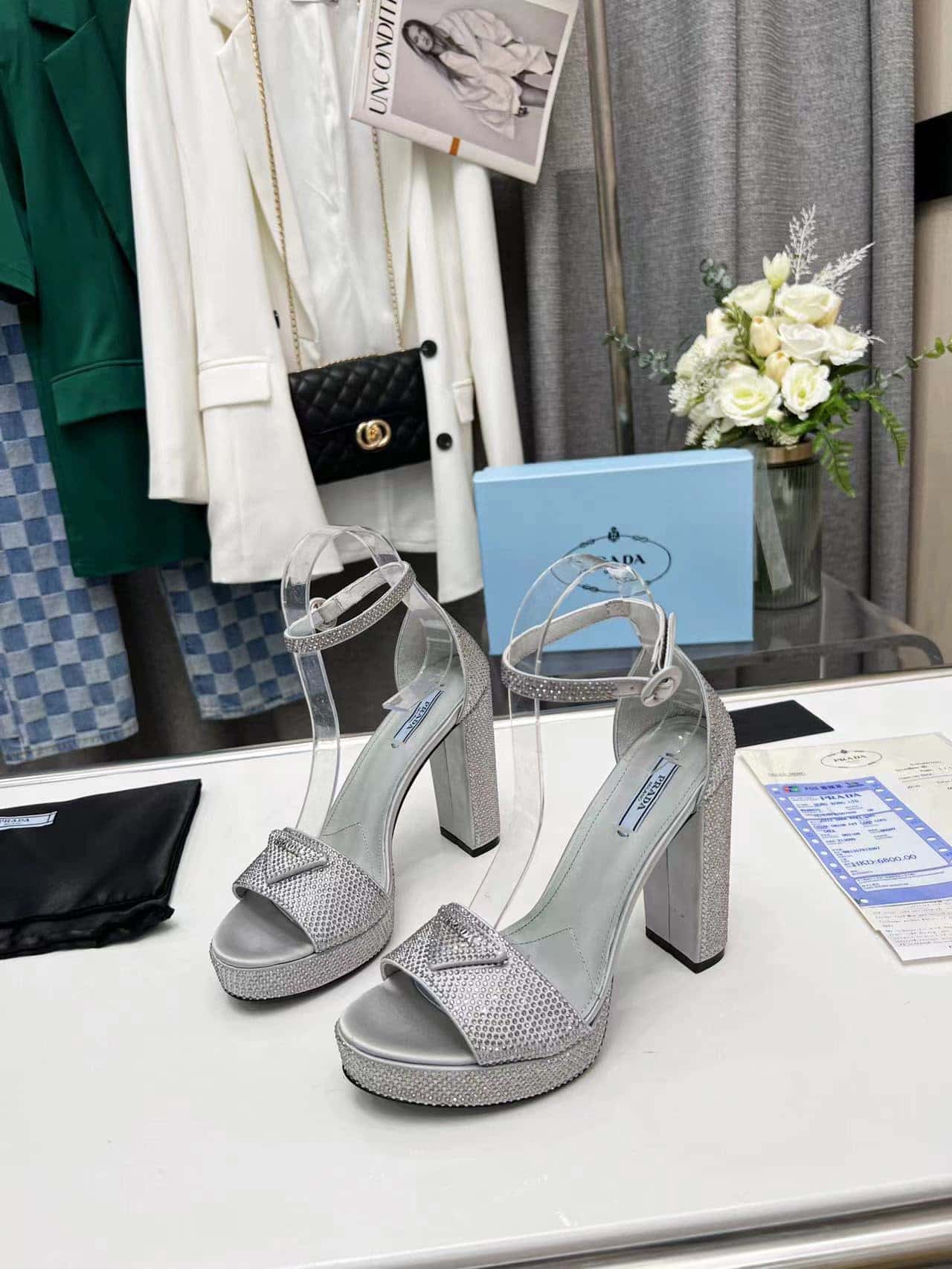 (1:1 replica) Prada Satin Platform Sandals With Crystals Silver For Women 5.3in/135mm PRD