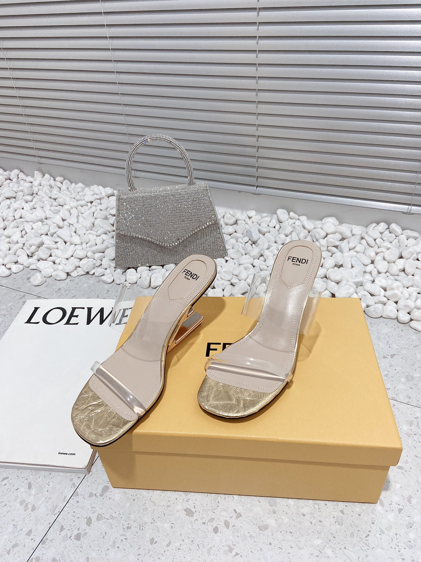 (1:1 replica) Fendi First Gold Transparent Medium-Heeled Sandals For Women