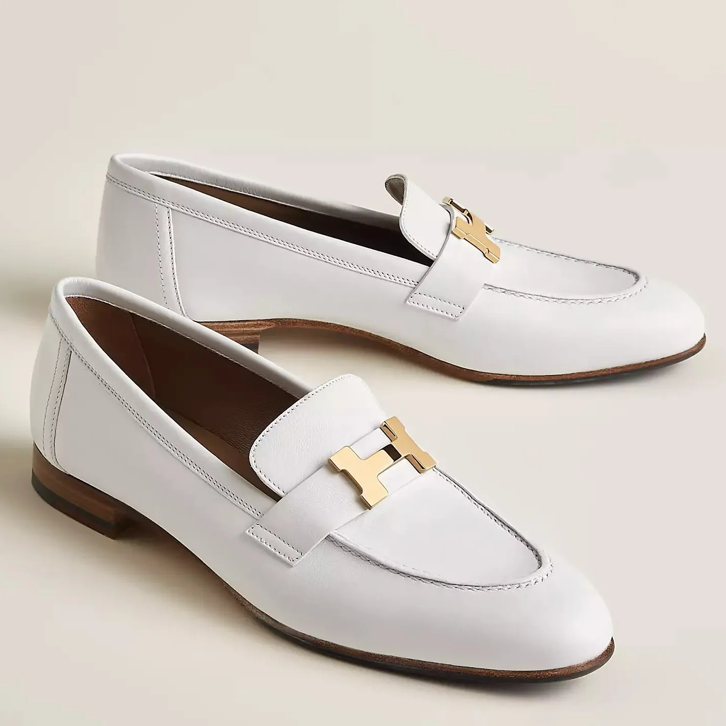 (1:1 replica) Hermes Women s Paris Loafers in White Goatskin HM077