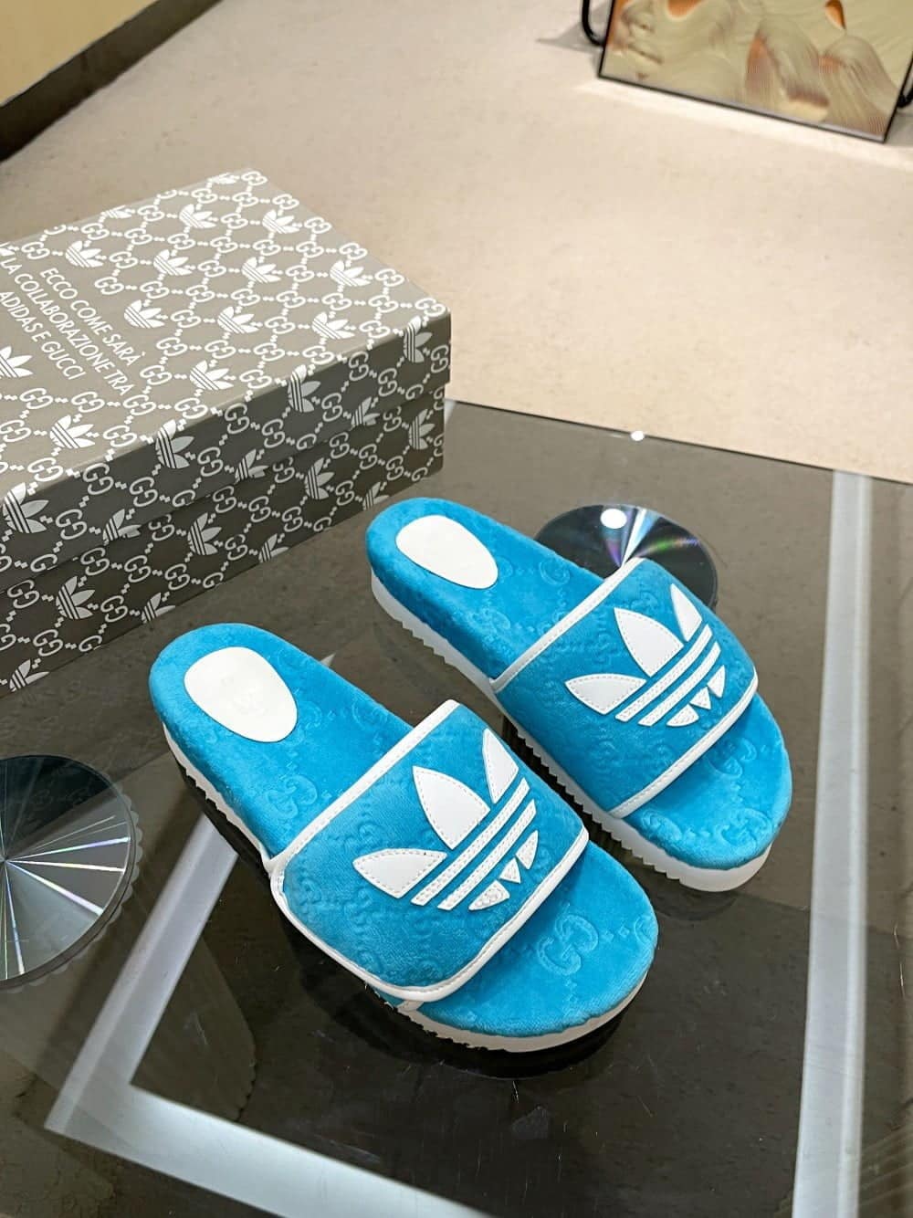 (1:1 replica) Gucci x Adidas Women s GG Platform Sandal Light Blue For Women GG