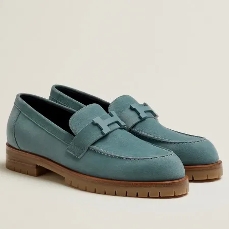 (1:1 replica) Hermes Women s Faubourg Loafers in Blue Suede Leather HM074