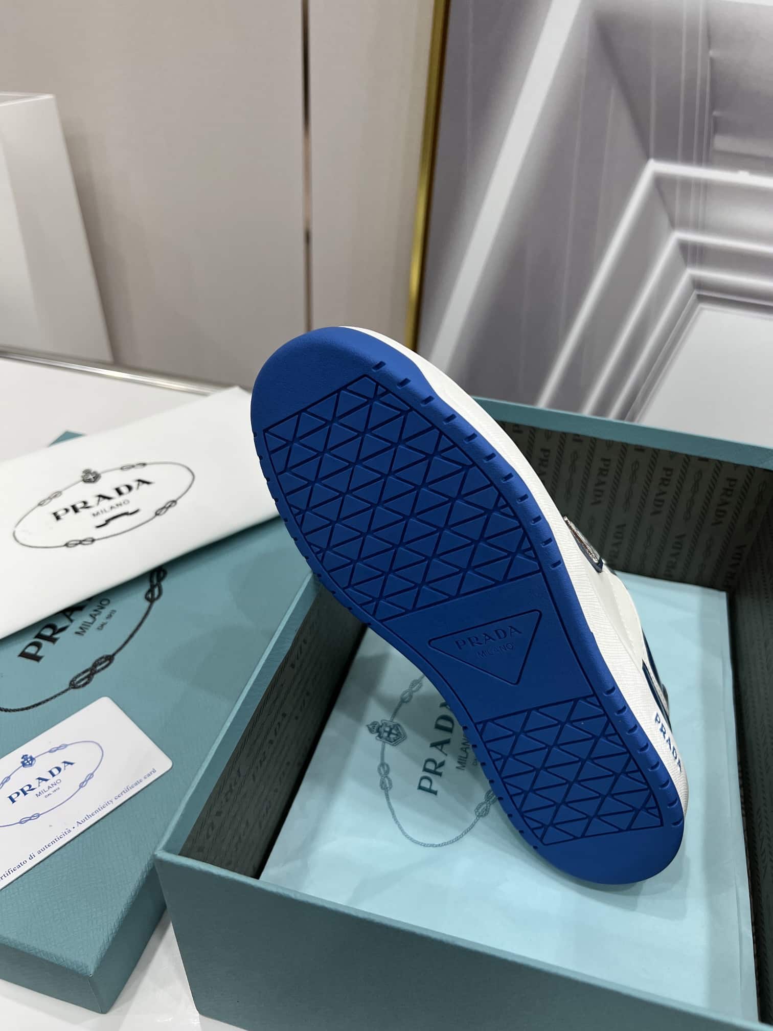(1:1 replica) Prada Downtown Perforated Sneakers Blue/White For Women 1.2in/30mm PRD 2EE364_3LKG_F098Z