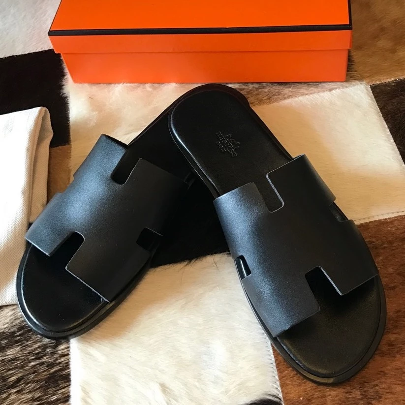 (1:1 replica) HERMES MEN S IZMIR SANDALS IN BLACK SWIFT CALFSKIN HMSD017
