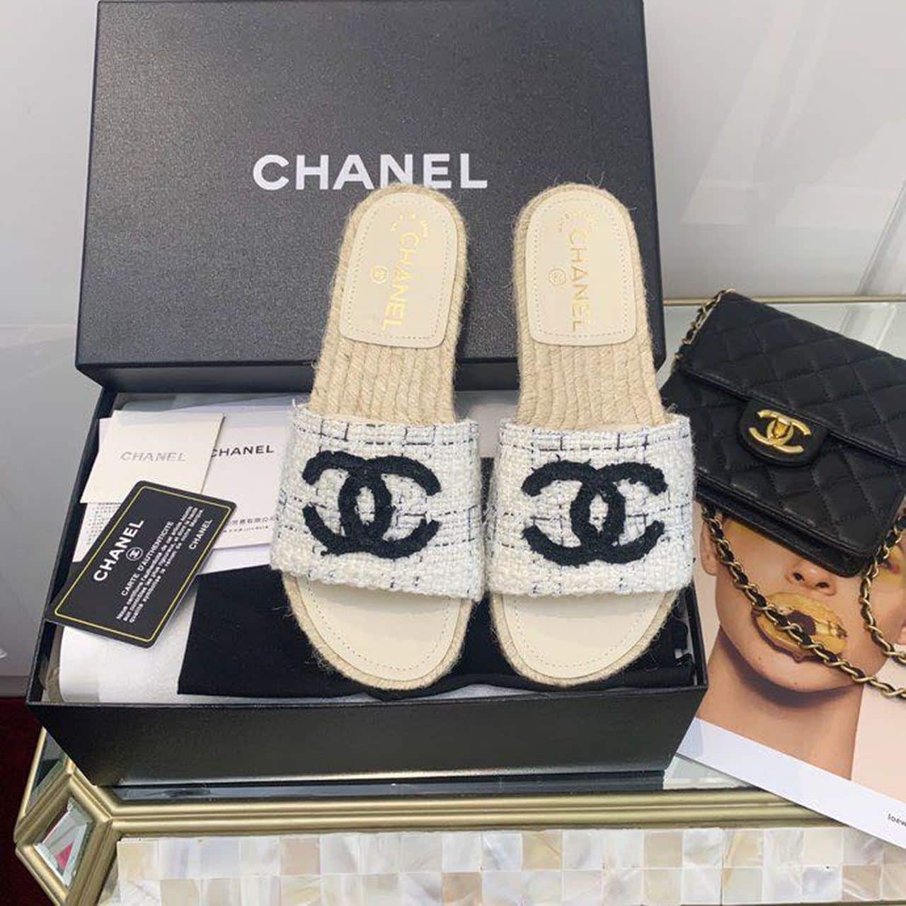(1:1 replica) Chanel CC Mule Espadrille Sandals Tweed Beige/Black For Women, Women s Shoes