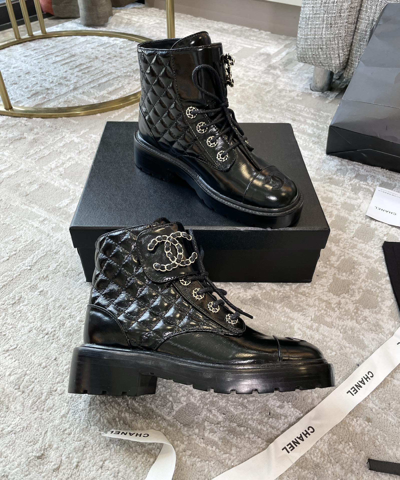 (1:1 replica) Chanel Women s Lace- Ups Bright Black For Women 1.5in/ 4cm
