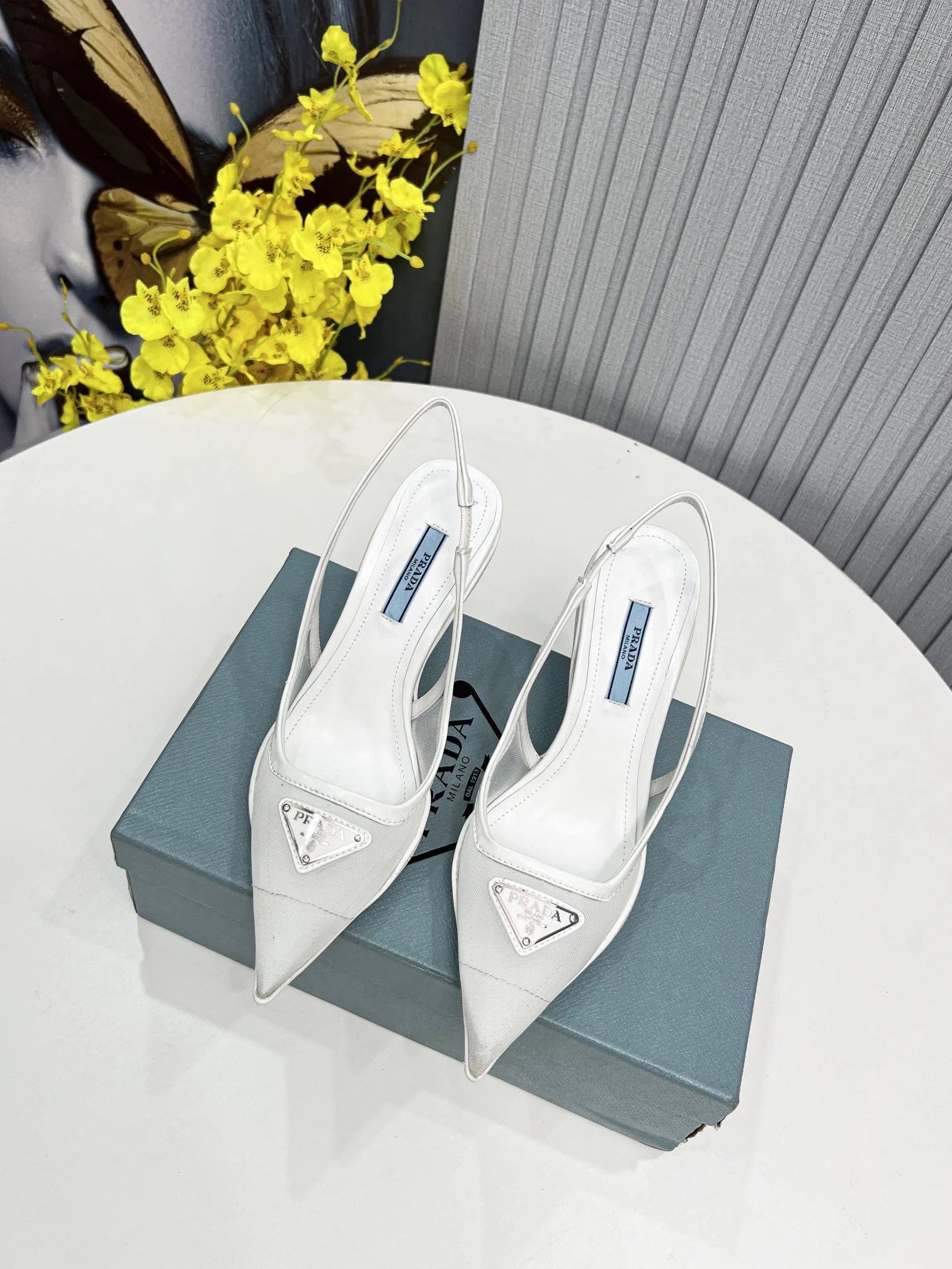 (1:1 replica) Prada Mesh Fabric Slingback Pumps White For Women PRD