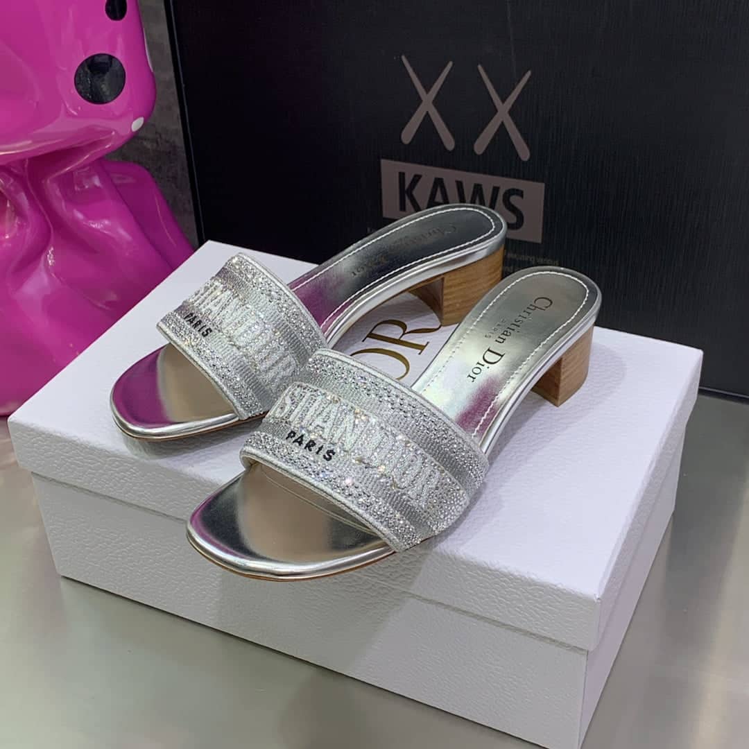 (1:1 replica) Christian Dior Women s Dway Heeled Slide Sliver For Women CD