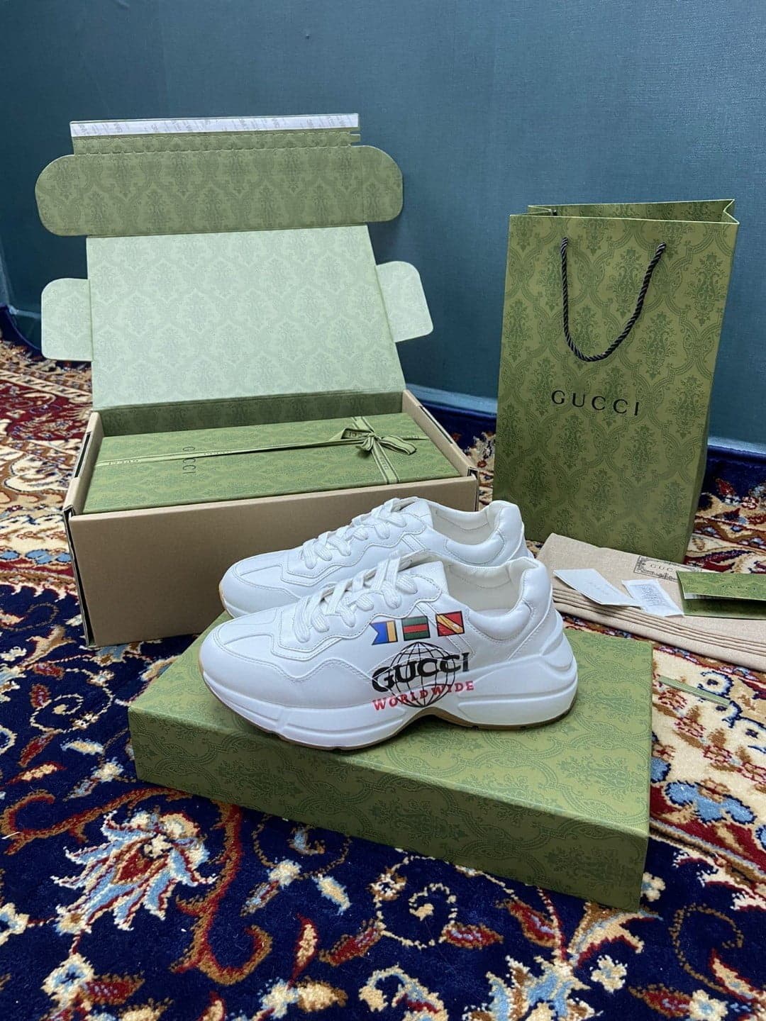 (1:1 replica) Gucci Women s Rhyton Sneakers With Worldwide White Ivory For Women 599146 DRW00 9014
