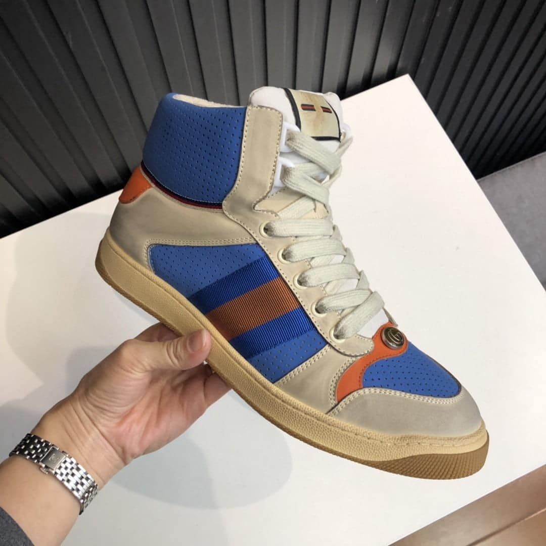 (1:1 replica) Gucci Women s Screener Distressed High Top Beige Blue For Women 563730