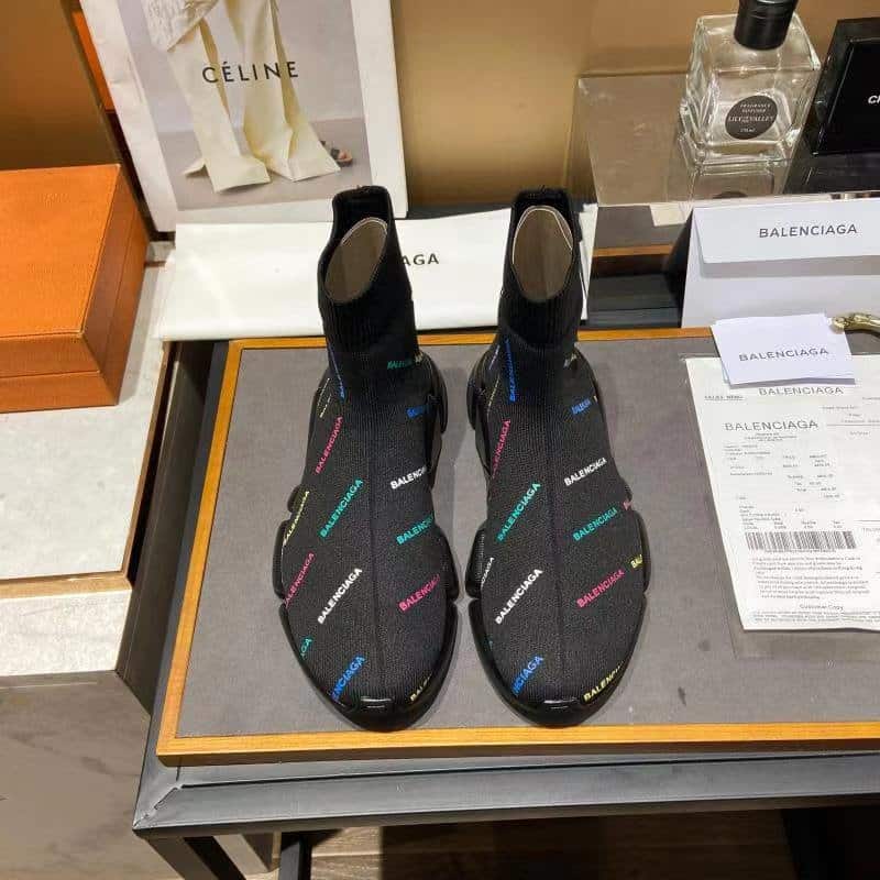 (1:1 replica) Balenciaga Speed 2.0 Allover Logo Recycled Knit Trainers Black For Women 617239W2DF01088