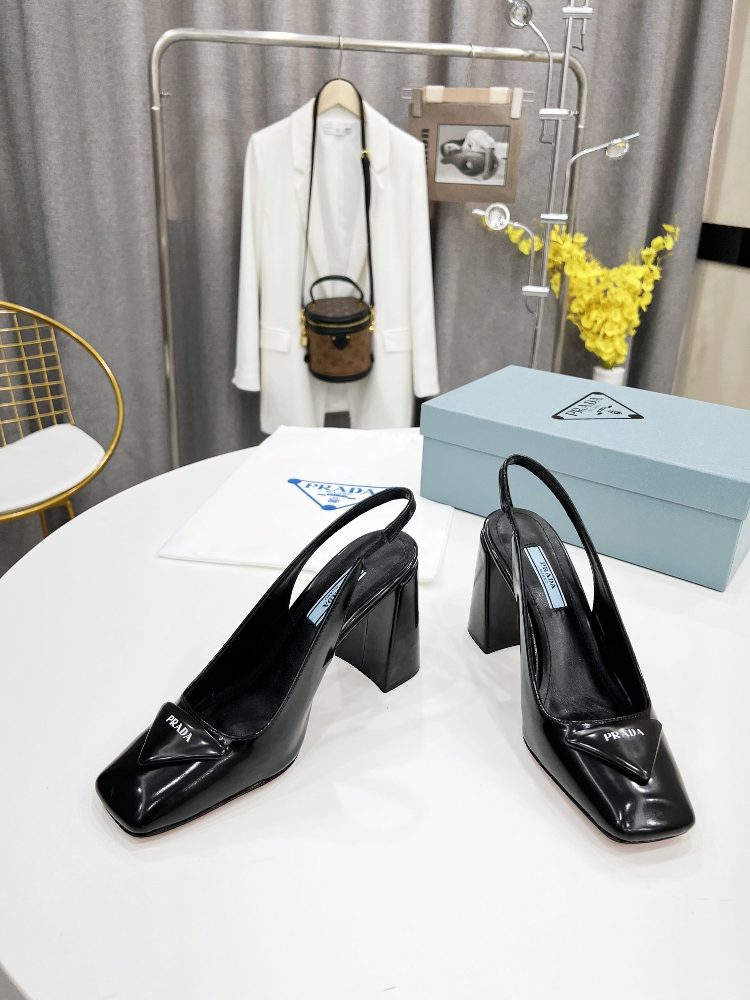 (1:1 replica) Prada Patent Sling-Back Pumps Black For Women 3.5in/90mm PRD 1I767M_069_F0002_F_090