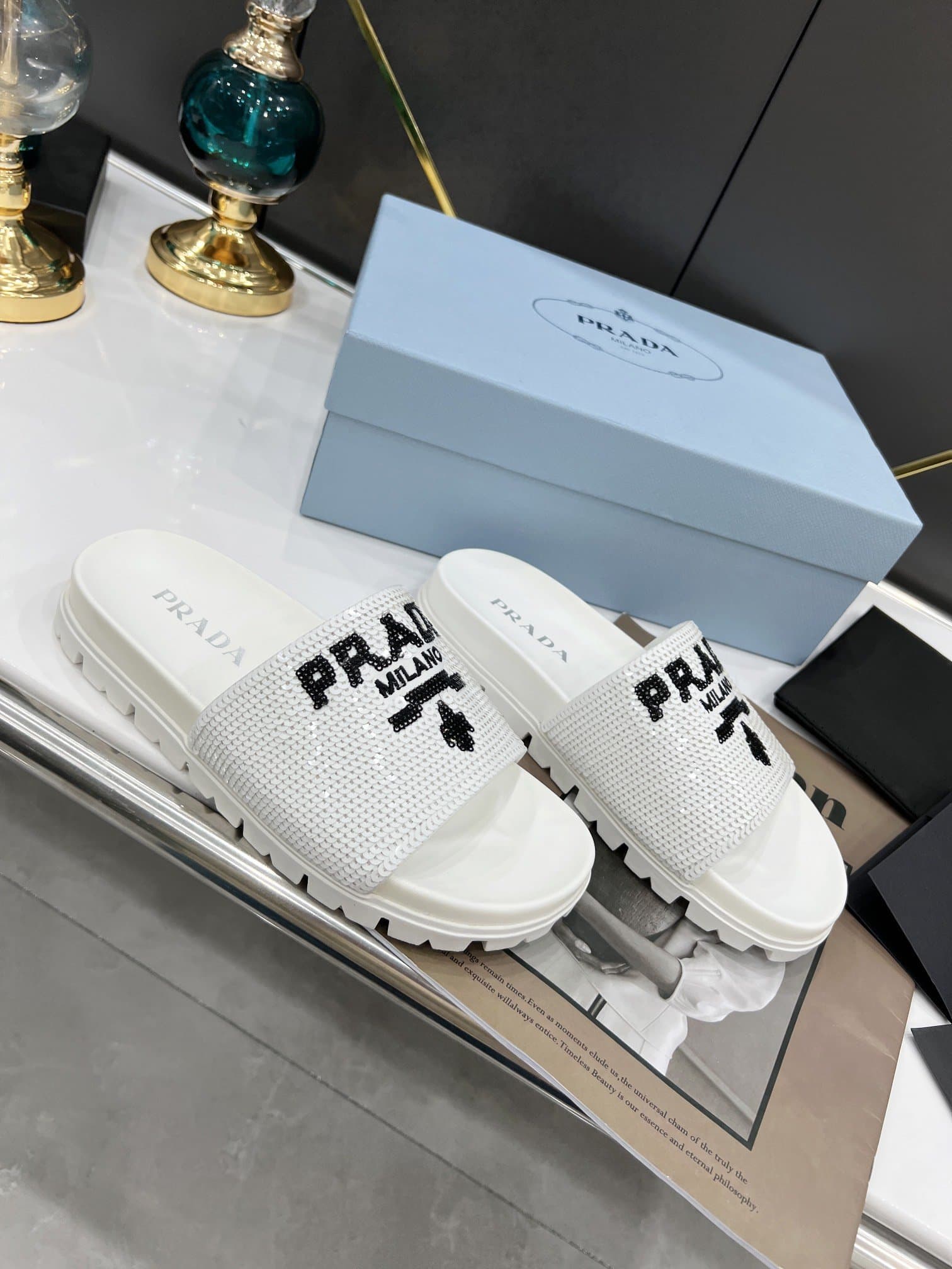 (1:1 replica) Prada Logo Detailed Sequin Slides White For Women 1.4in/35mm PRD