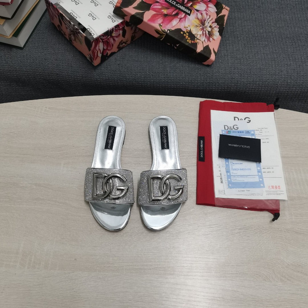 (1:1 replica) Dolce Gabbana Crystal Mesh Sliders With DG Logo Silver For Women DG Shoes CQ0520AD7218D708