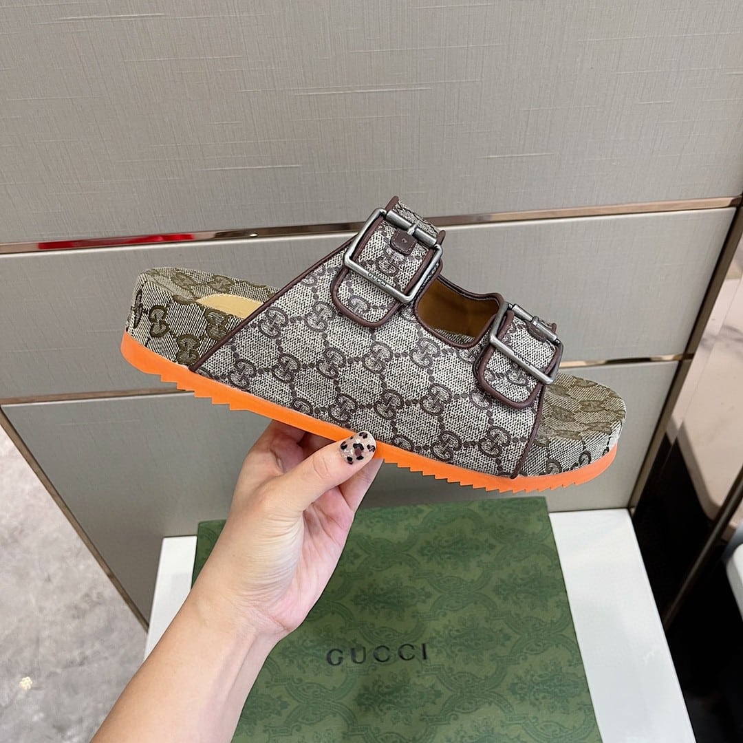 (1:1 replica) Gucci Women s Slide Sandal With Straps Gray Orange For Women 658020 2HK60