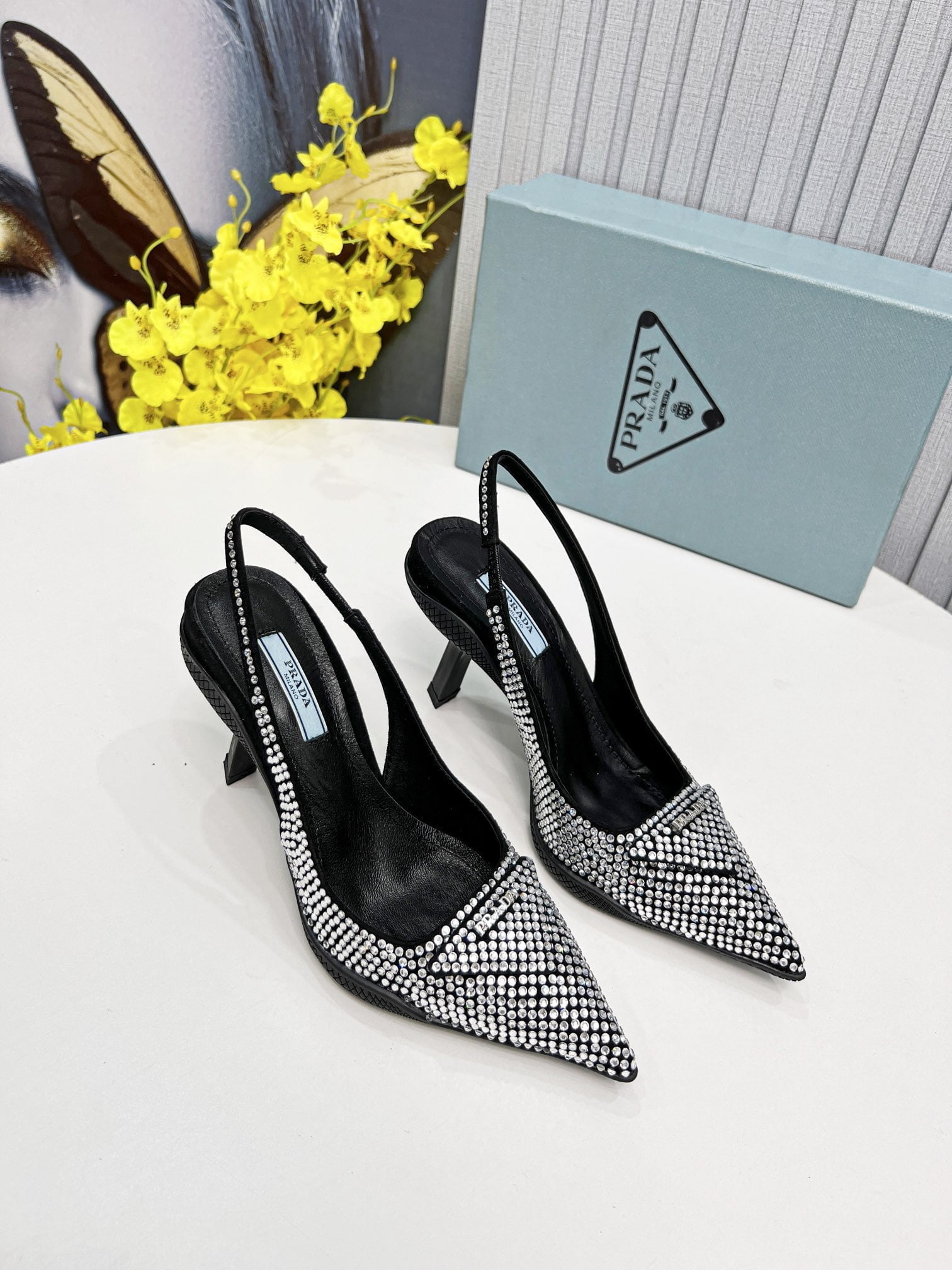 (1:1 replica) Prada Satin Slingback Pumps With Crystals Silver For Women 2.2in/55mm PRD