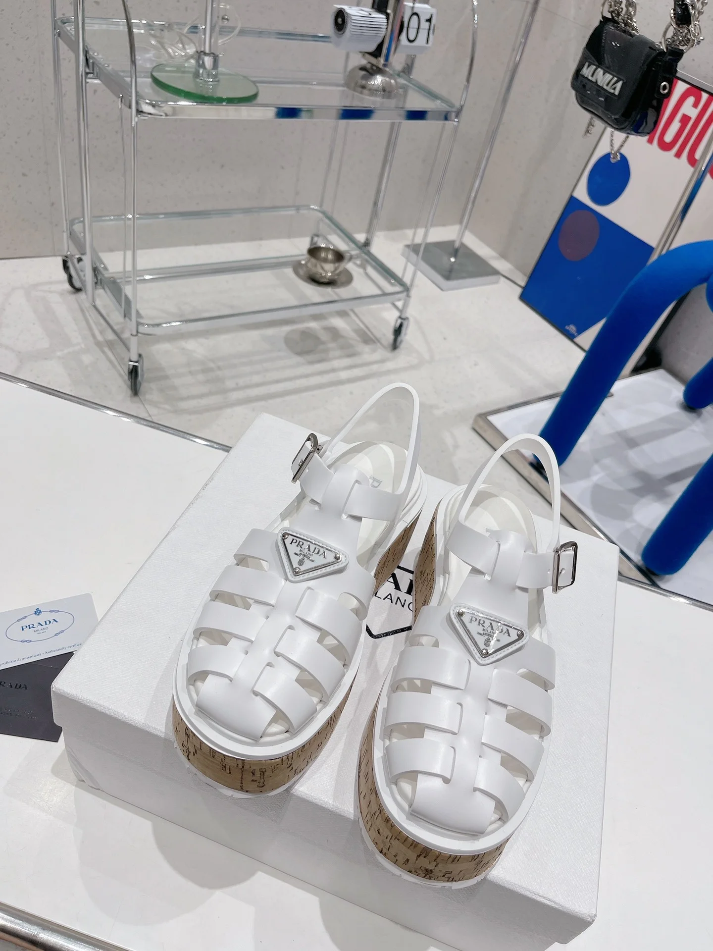 (1:1 replica) Prada Rubber Wedge Platform Sandals White For Women 2.9in/75mm PRD 1X853M_3LLP_F0009_F_B075