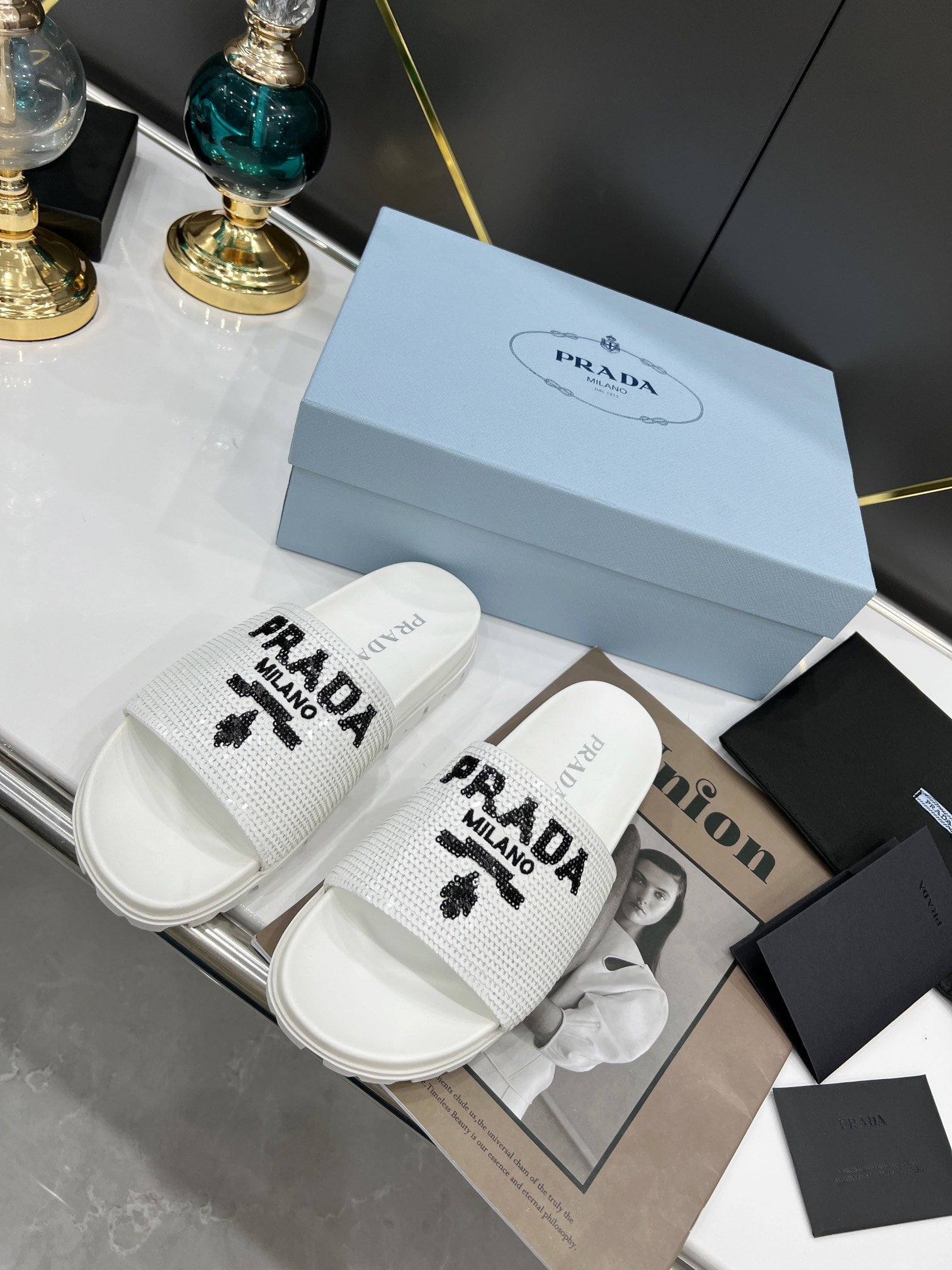(1:1 replica) Prada Logo Detailed Sequin Slides White For Women 1.4in/35mm PRD