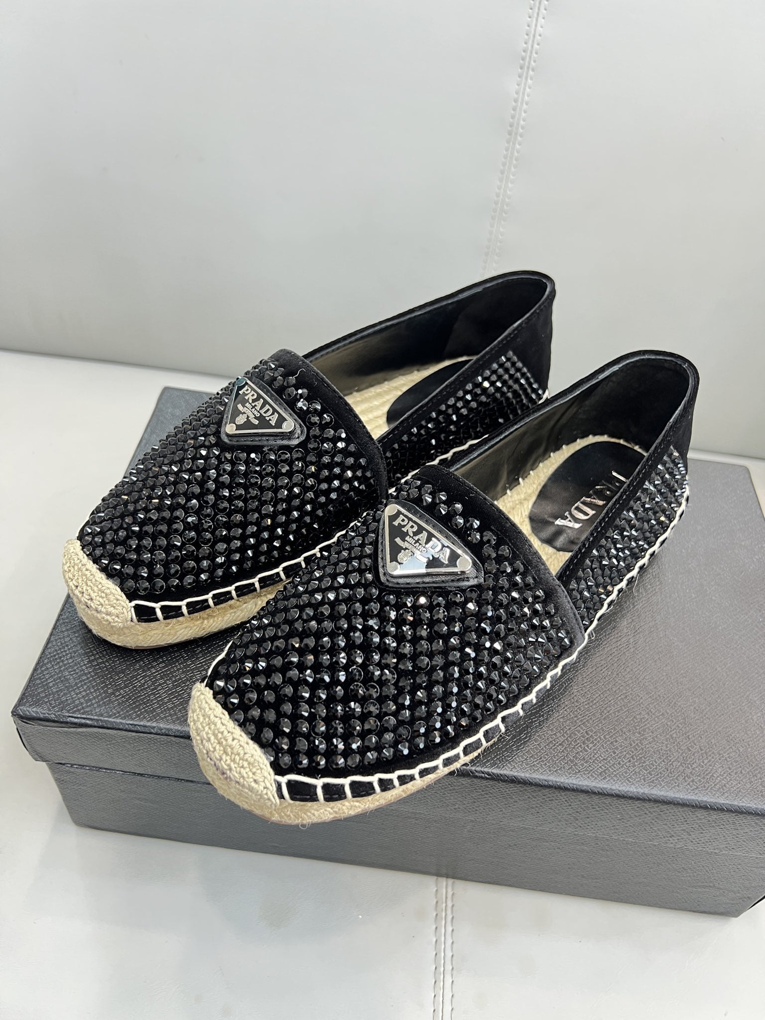 (1:1 replica) Prada Espadrillas With Crystals Black For Women 0.8in/20mm PRD
