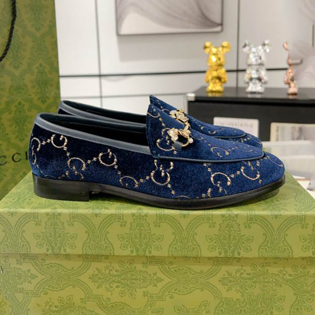 (1:1 replica) Gucci Jordaan Velvet Blue Leather Loafer GL075