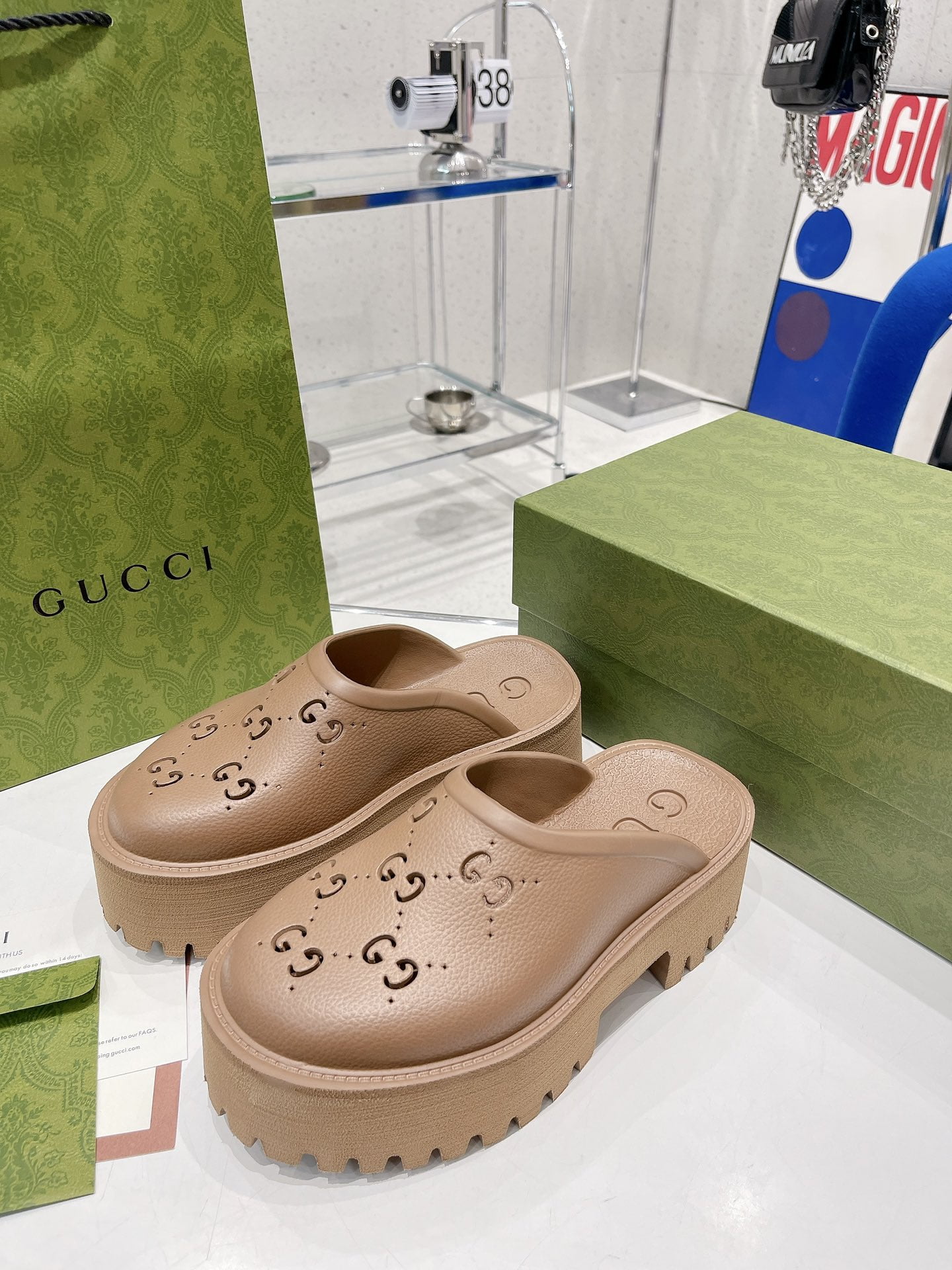 (1:1 replica) Gucci Women s Platform Perforated G Sandal Brown For Women GG