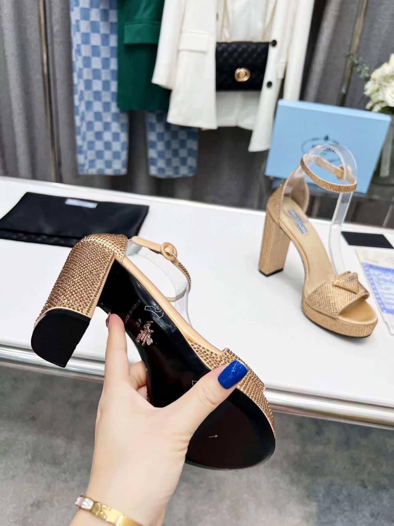 (1:1 replica) Prada Satin Platform Sandals With Crystals Gold For Women 5.3in/135mm PRD P00720612
