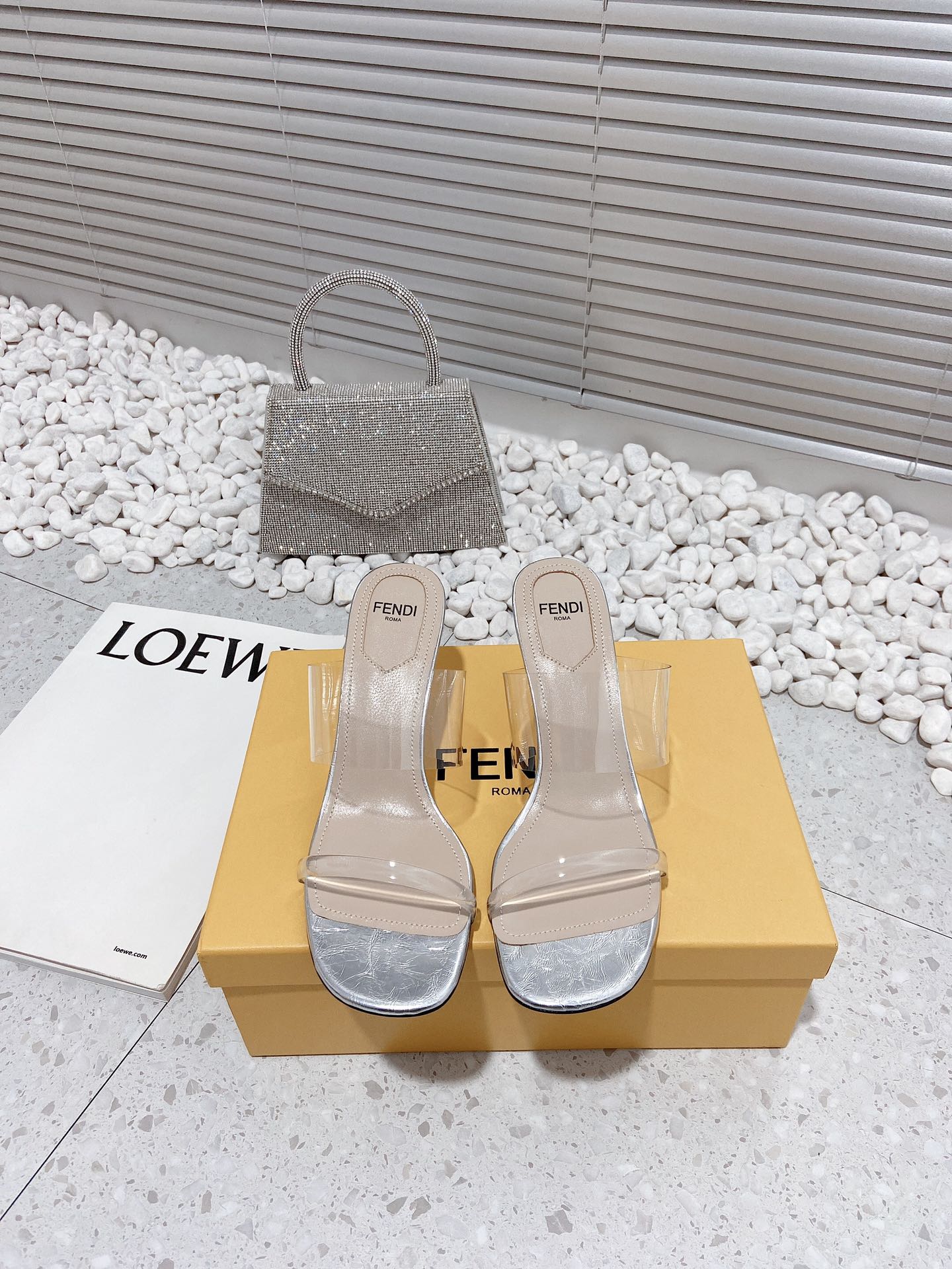 (1:1 replica) Fendi First Silver Transparent Medium-Heeled Sandals For Women