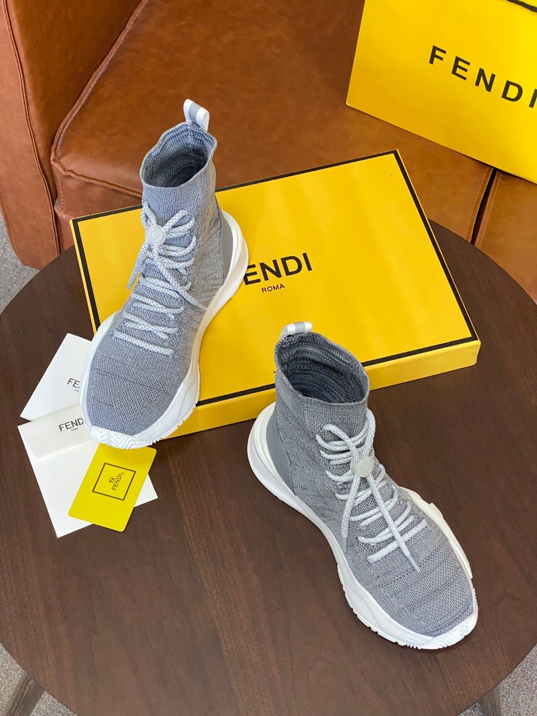 (1:1 replica) Fendi High Top Sneakers White Grey For Women