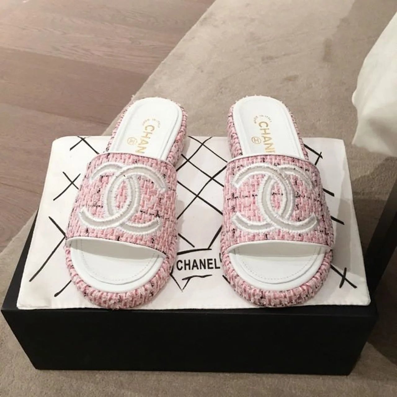(1:1 replica) Chanel CC Cork Sandals Tweed Pink For Women, Women s Shoes