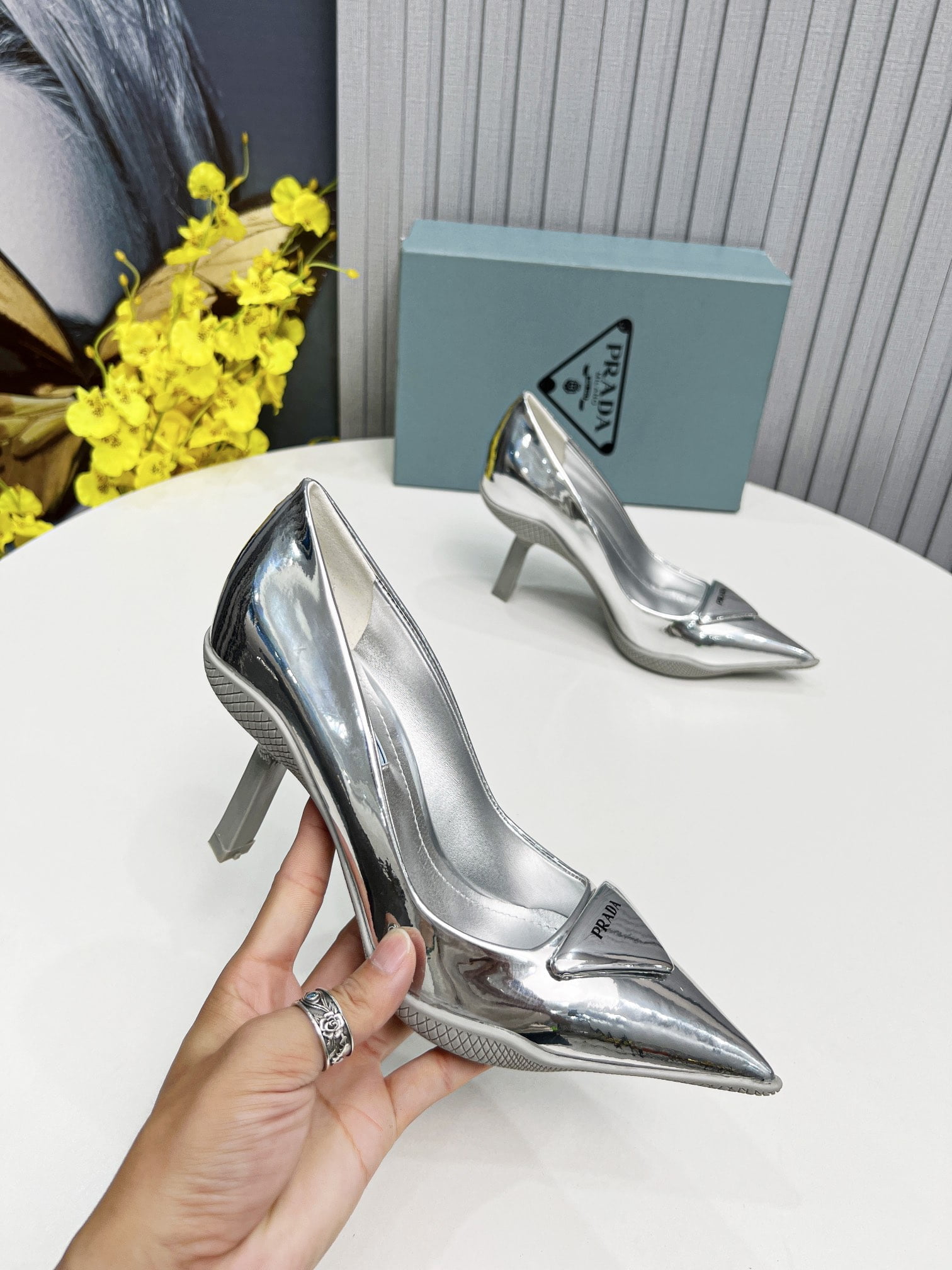 (1:1 replica) Prada Brushed Slingback Pumps Silver For Women PRD