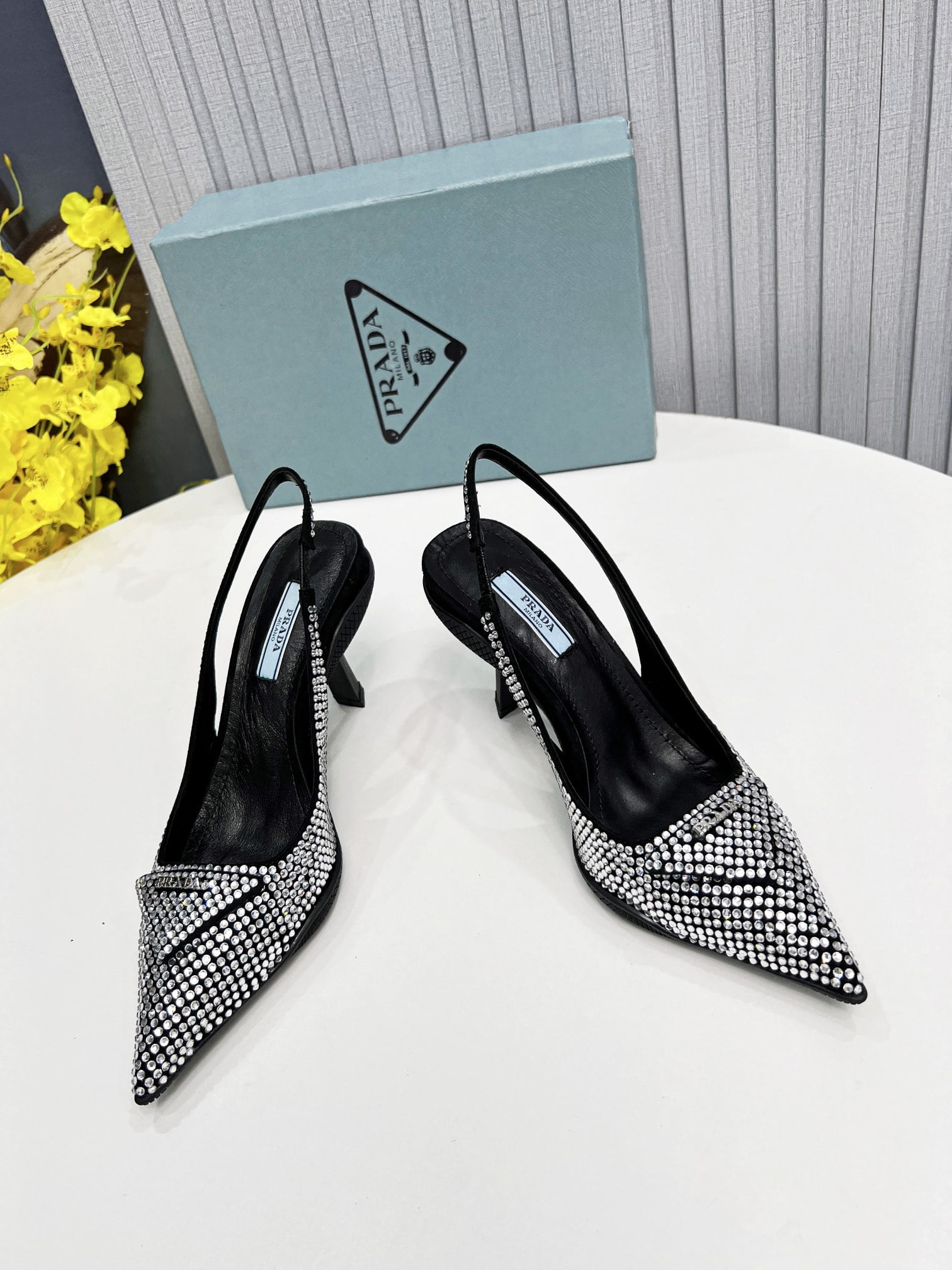 (1:1 replica) Prada Satin Slingback Pumps With Crystals Silver For Women 2.2in/55mm PRD