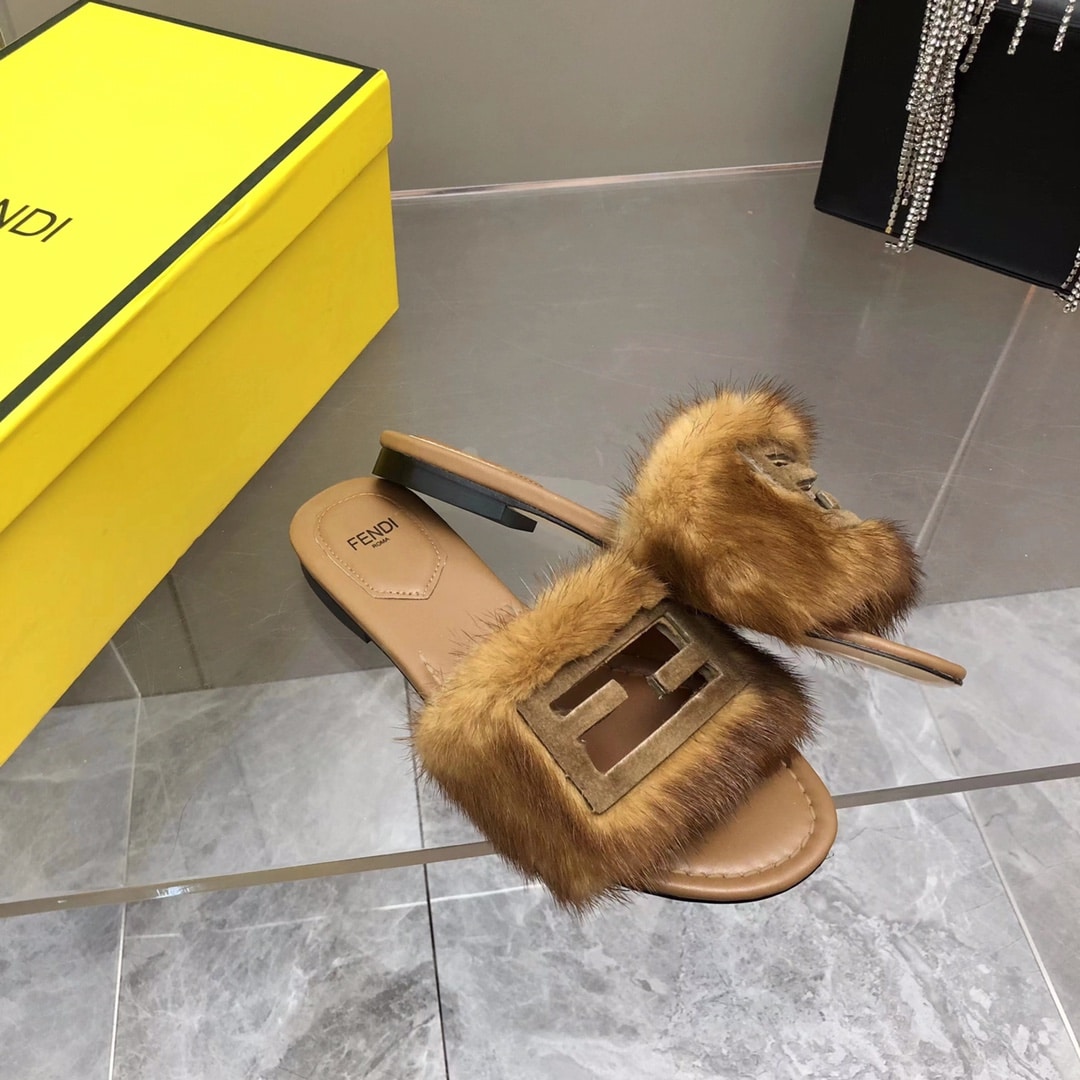 (1:1 replica) Fendi Signature Brown Mink Slides For Women 8R8136AKXPF0XT6