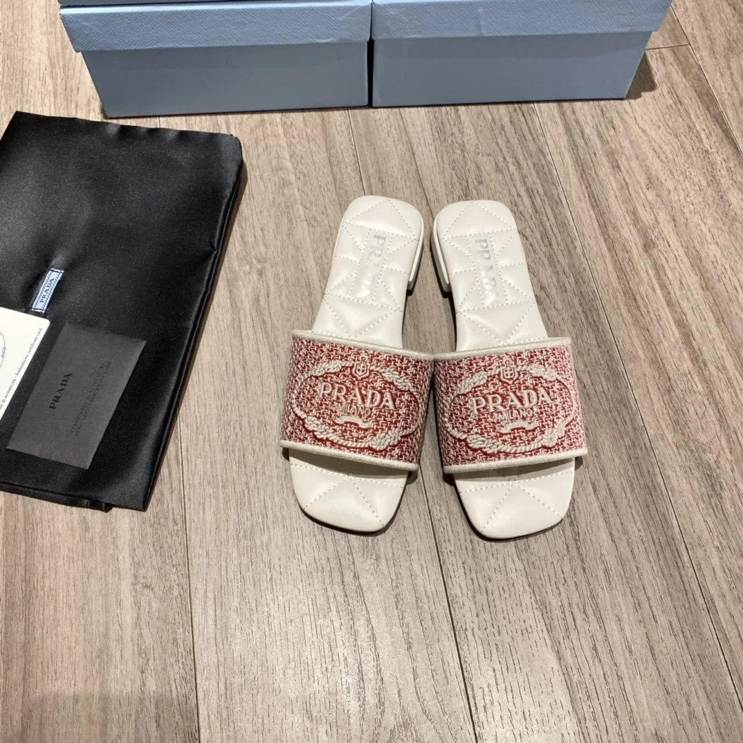 (1:1 replica) Prada Embroidered Fabric Slides Red For Women 0.4in/10mm PRD
