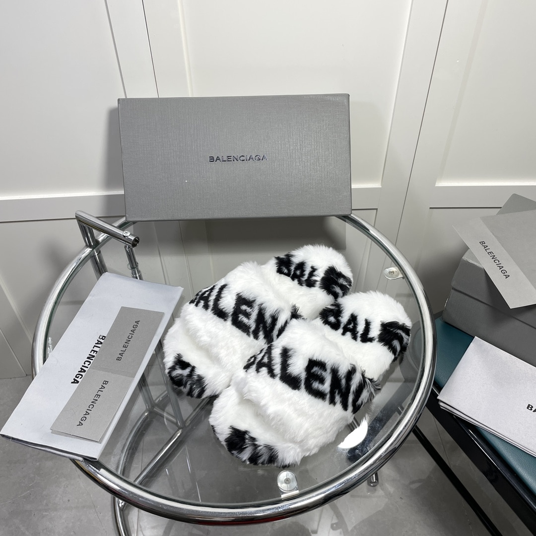 (1:1 replica) Balenciaga Furry Slide Sandal Allover Logo White For Women
