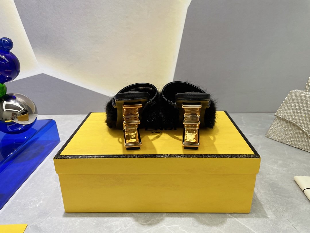 (1:1 replica) Fendi First Black Mink High-Heeled Sandals For Women 8R8212AHGHF0ABB