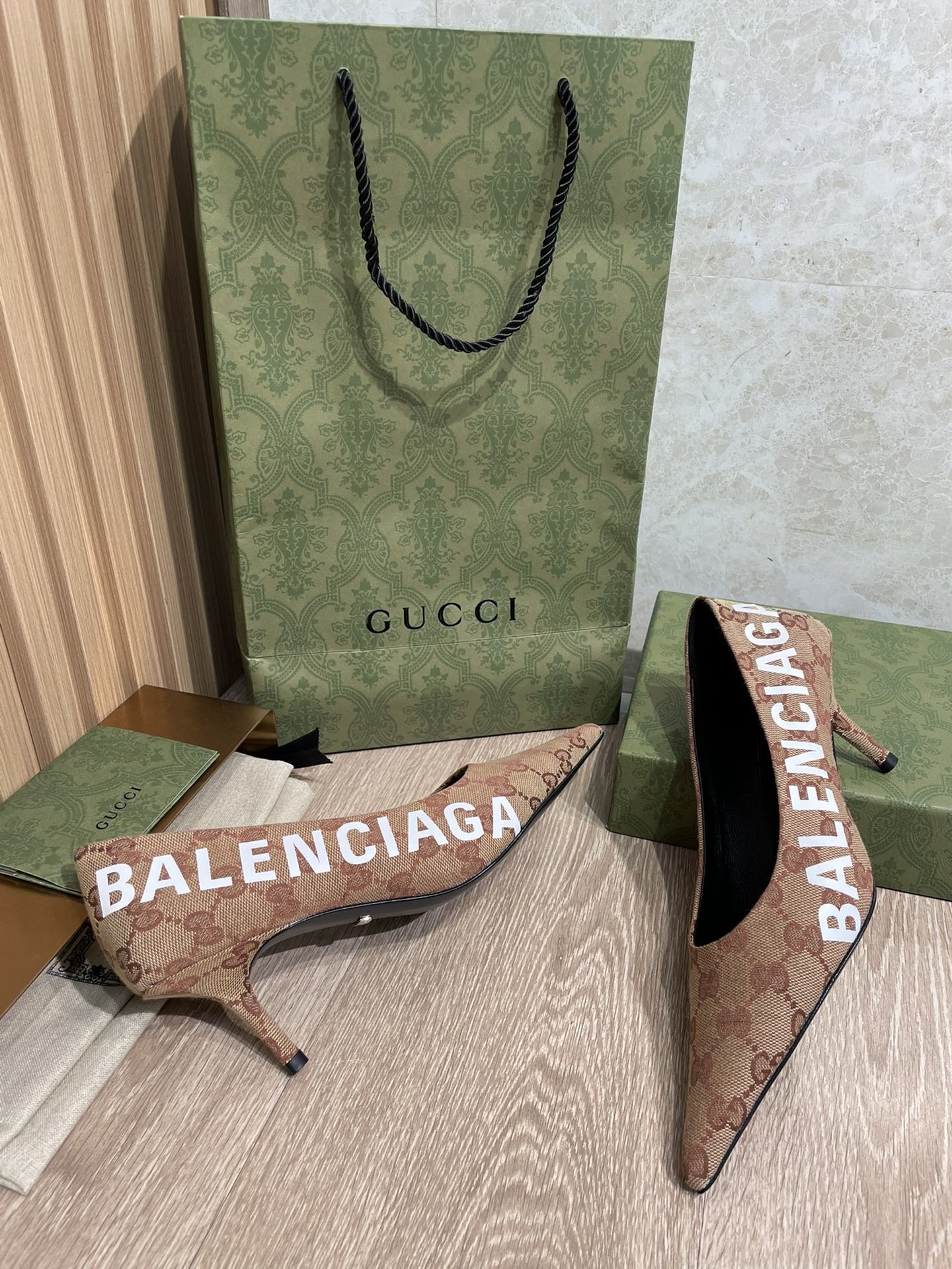 (1:1 replica) Gucci Balenciaga The Hacker Project Square Knife Pump Brown For Women GG