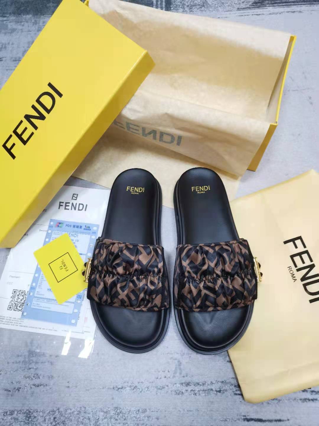 (1:1 replica) Fendi Feel Brown Satin Slides For Women 8X8142AE7SF0R7V