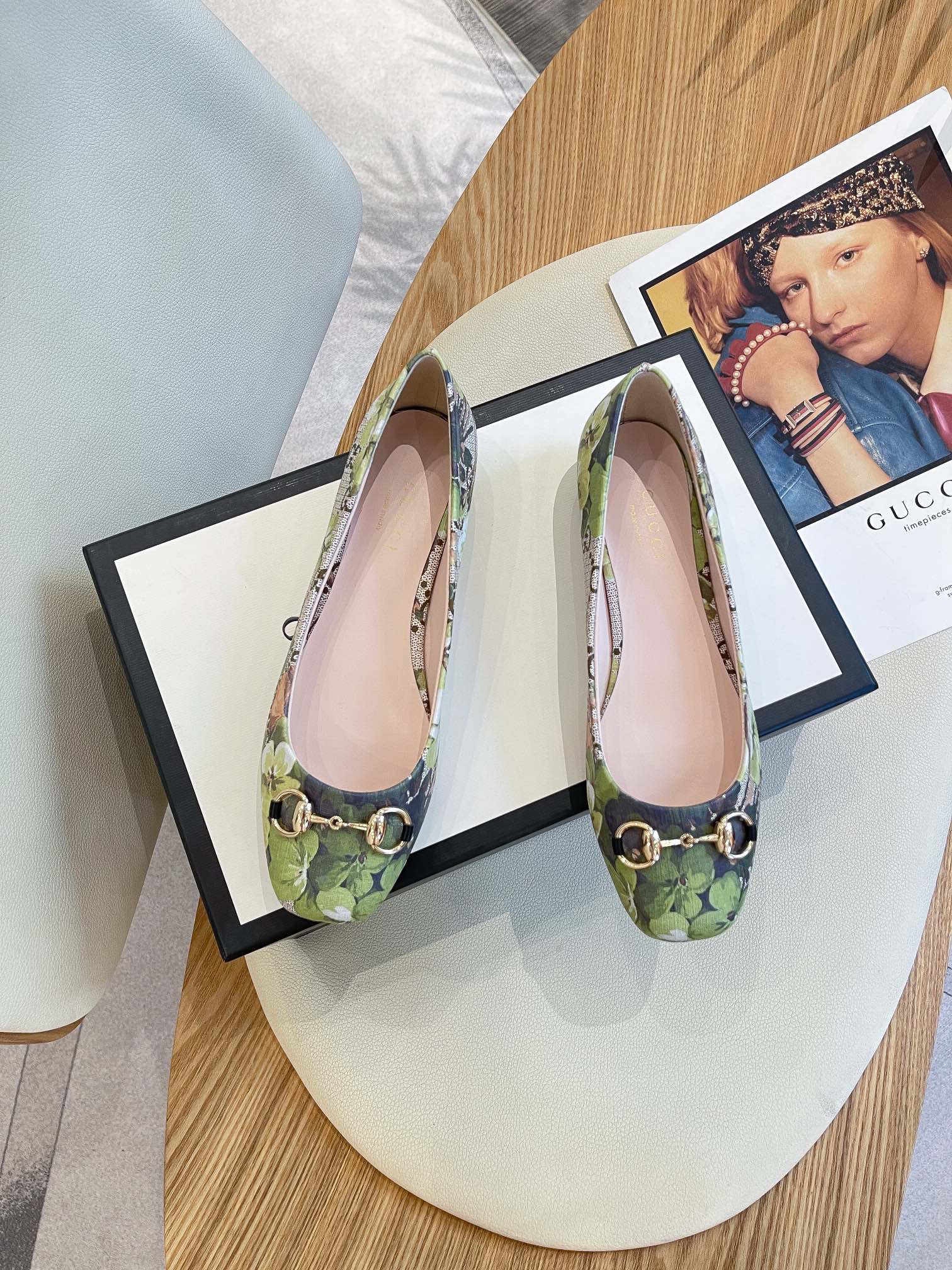 (1:1 replica) Gucci Women s Flower Ballet Flat With Horsebit Grey For Women GG