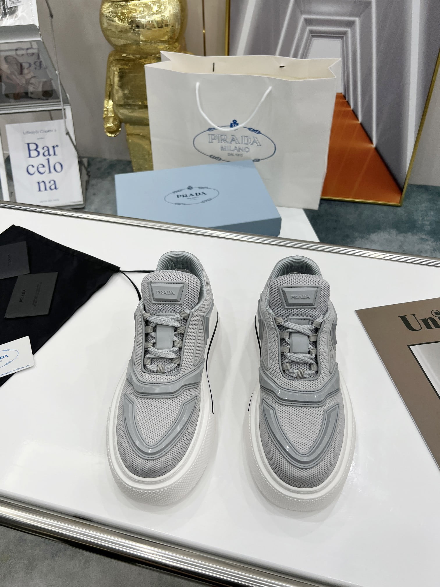 (1:1 replica) Prada Re-Nylon And Brushed Sneakers Grey For Women 1.96in/50mm PRD