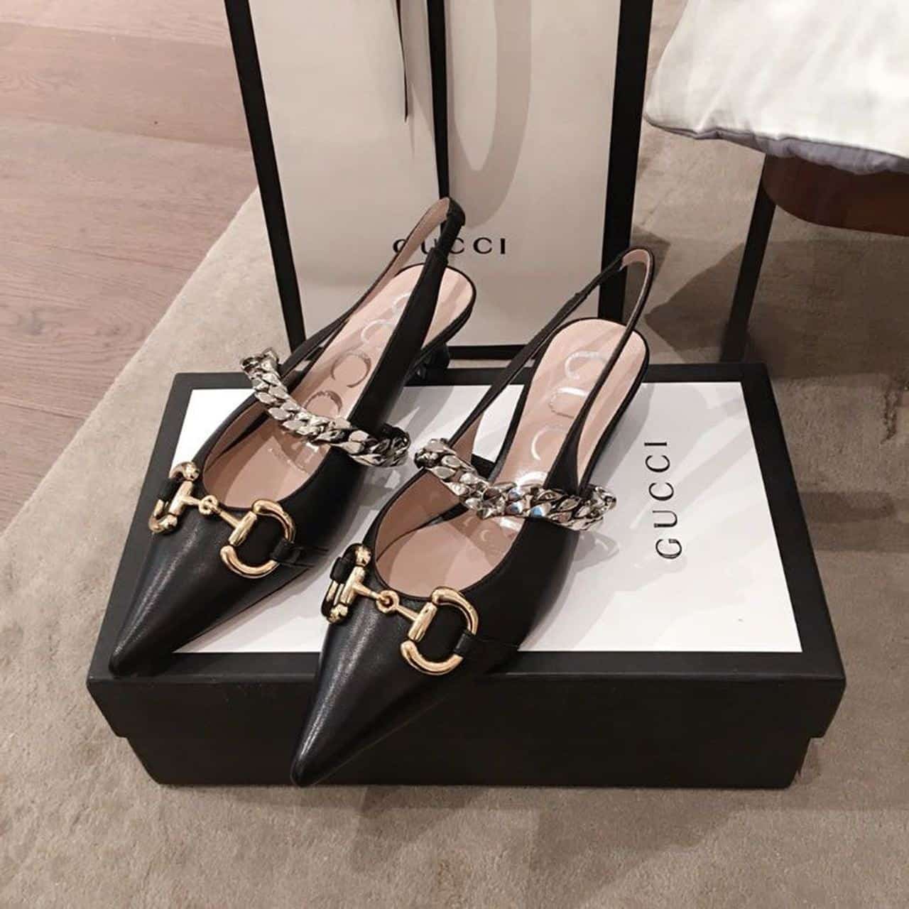 (1:1 replica) Gucci Horsebit Slingback Flats Calfskin Leather Spring/Summer Collection, Black