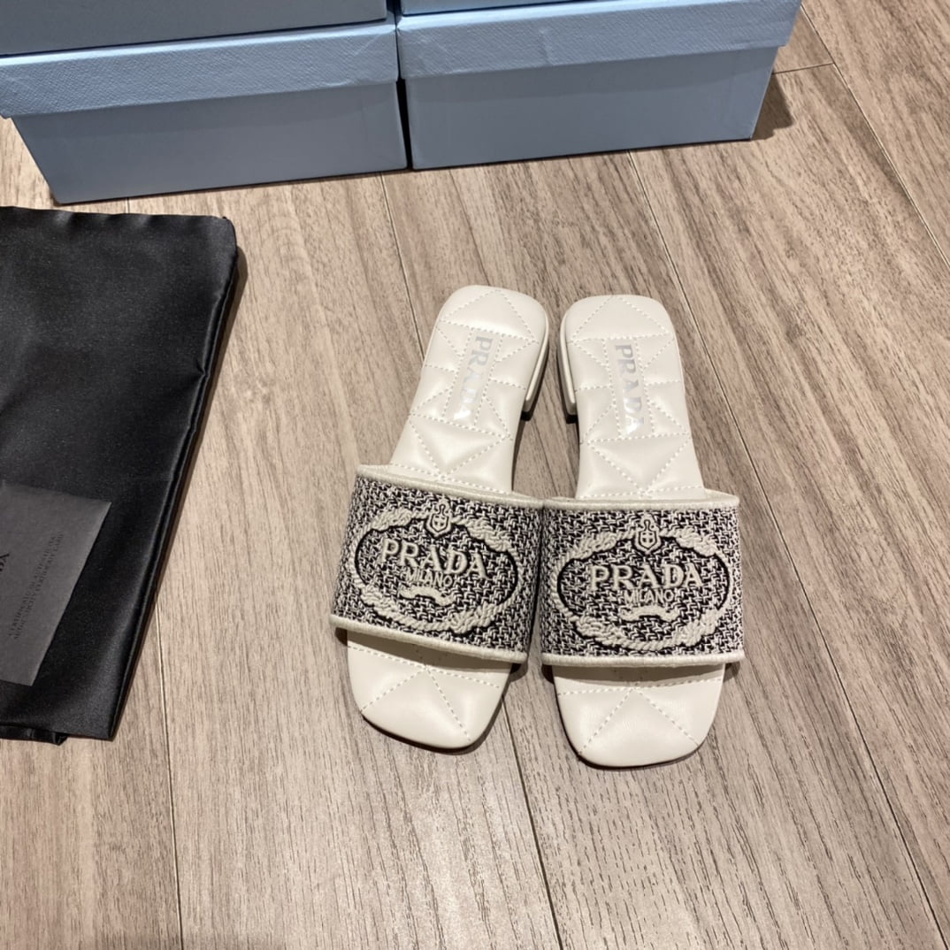 (1:1 replica) Prada Embroidered Fabric Slides Black For Women 0.4in/10mm PRD