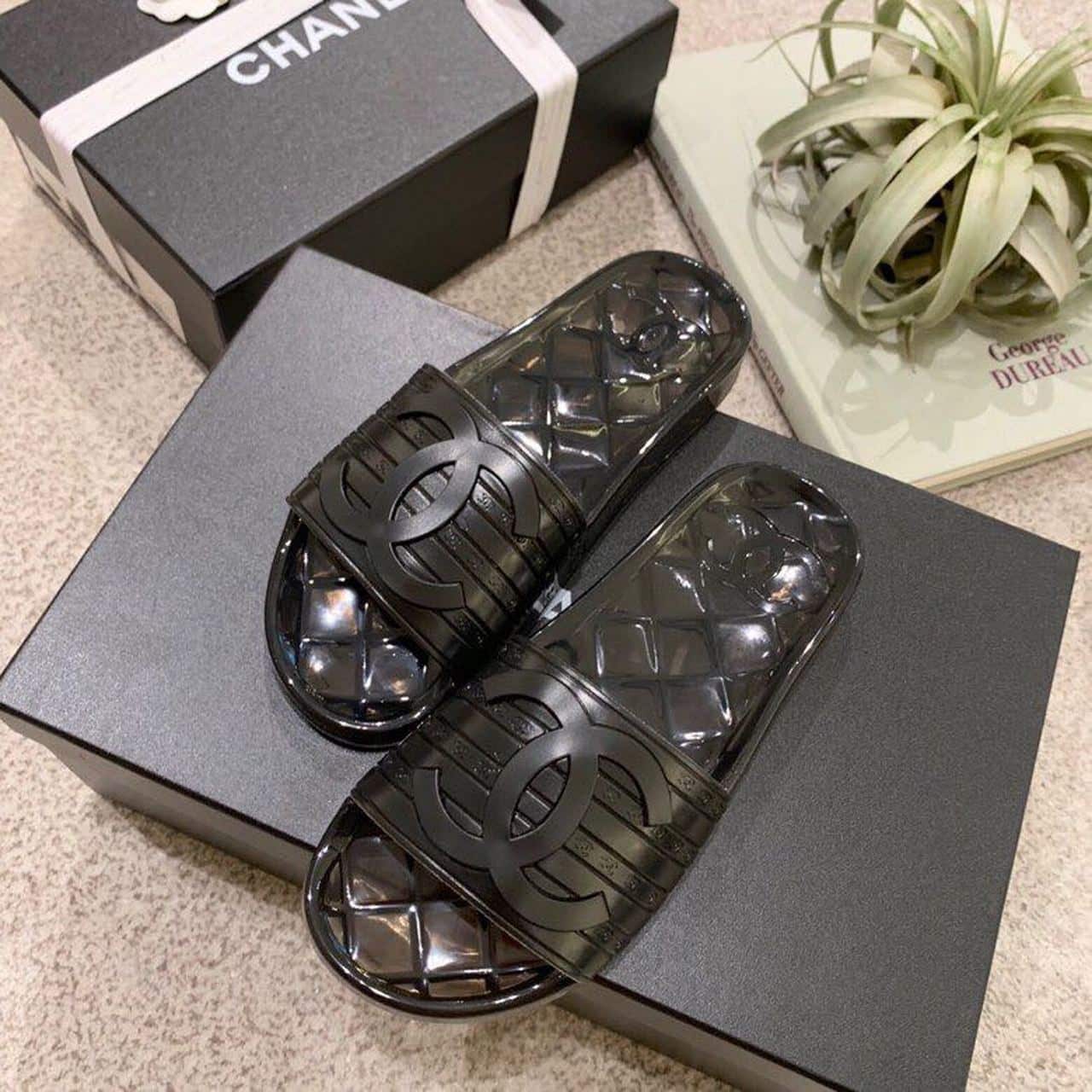 (1:1 replica) Chanel Mule Glossy Transparent CC Logo PVC Black For Women, Women s Shoes