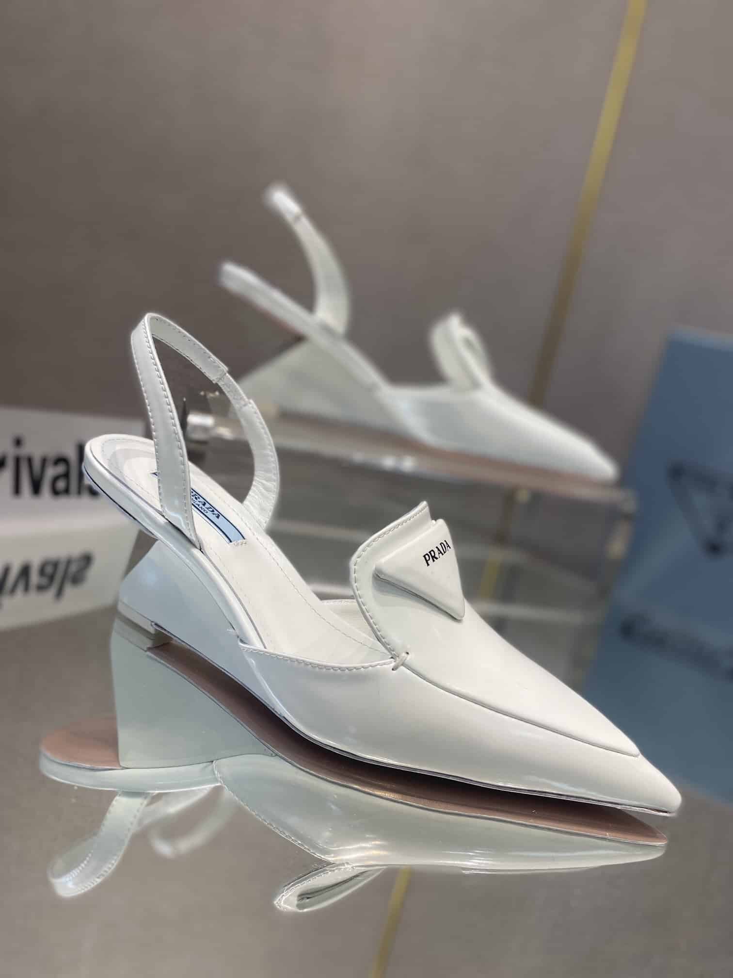 (1:1 replica) Prada Brushed Slingback Pumps White For Women 2.6in/65mm PRD