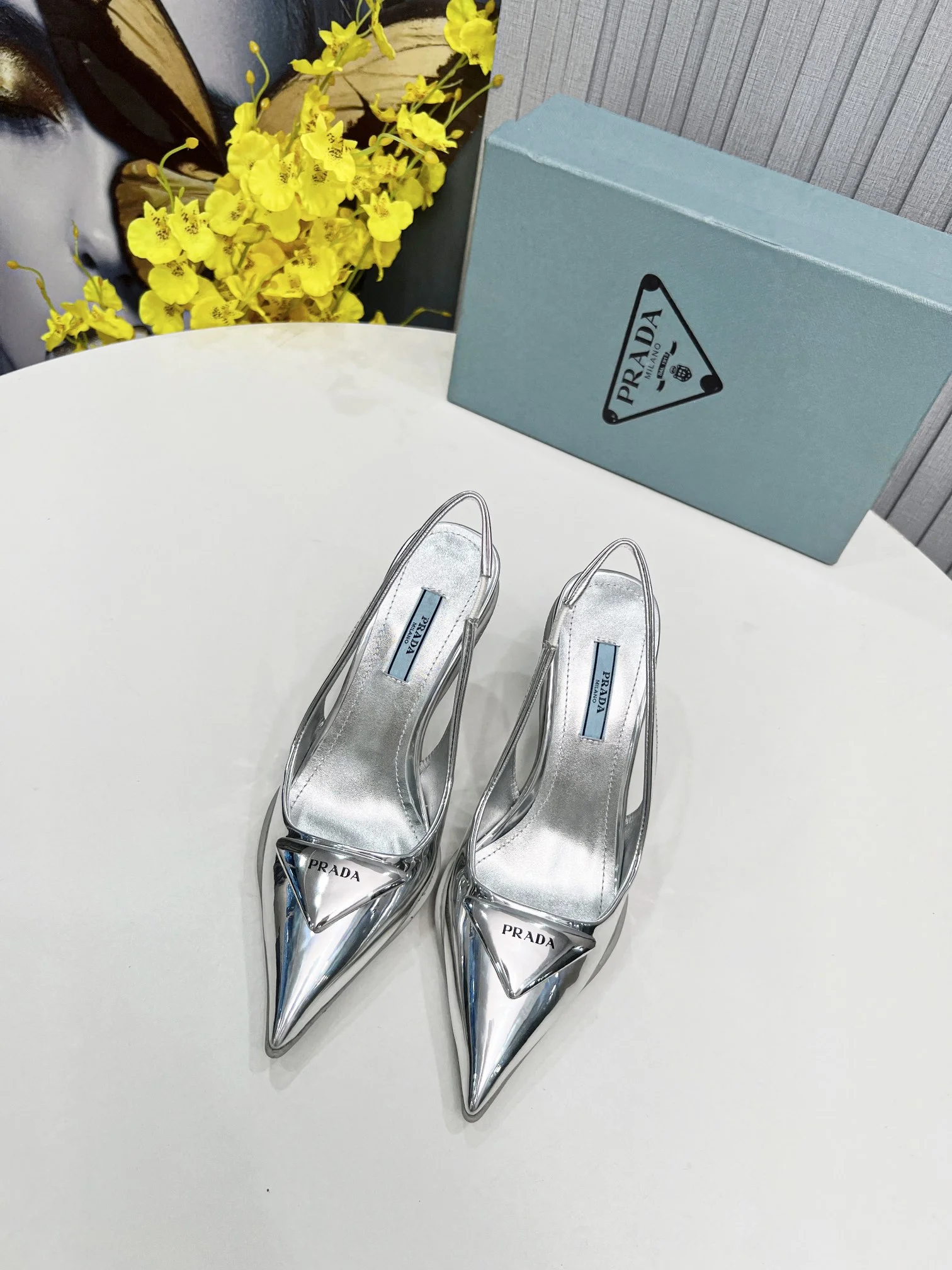 (1:1 replica) Prada Brushed Slingback Pumps Silver For Women PRD 1I565M_055_F0118_F_B090