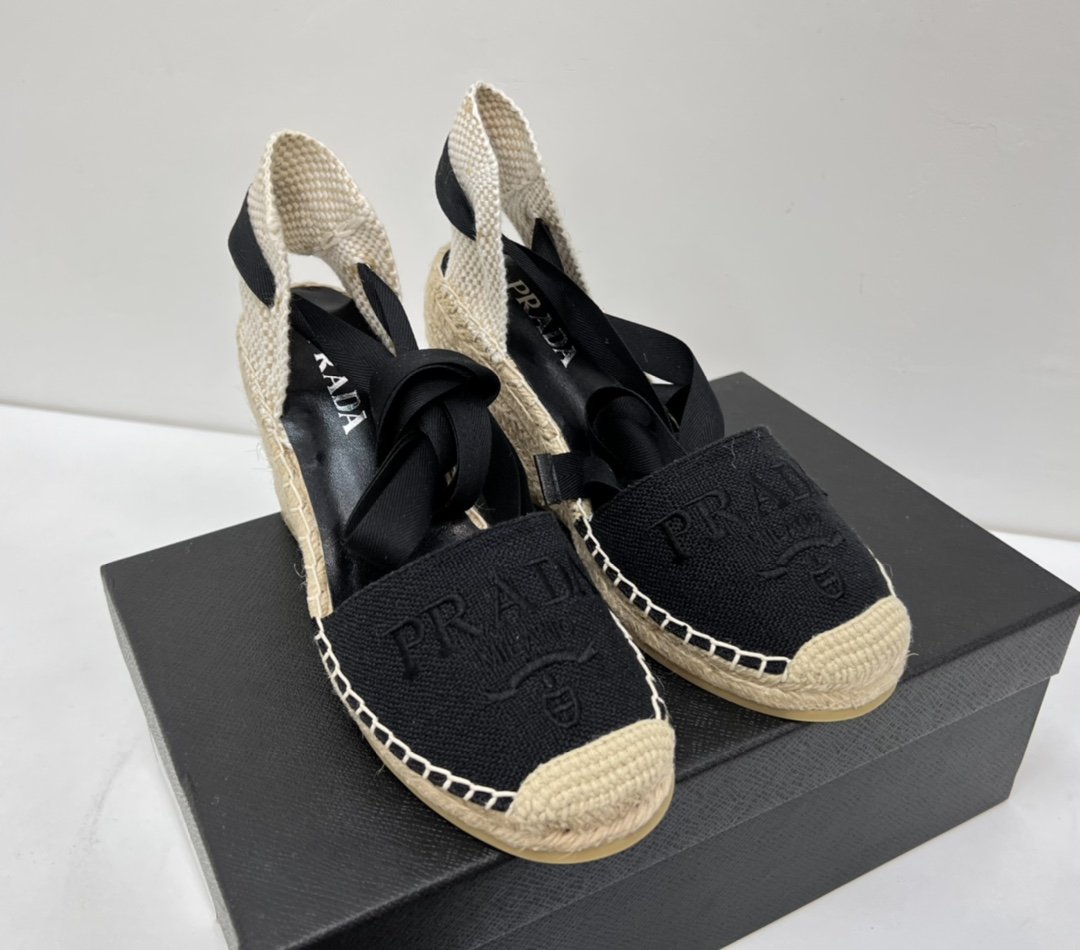 (1:1 replica) Prada Linen Espadrille Wedge Sandals Black For Women 3.5in/90mm PRD