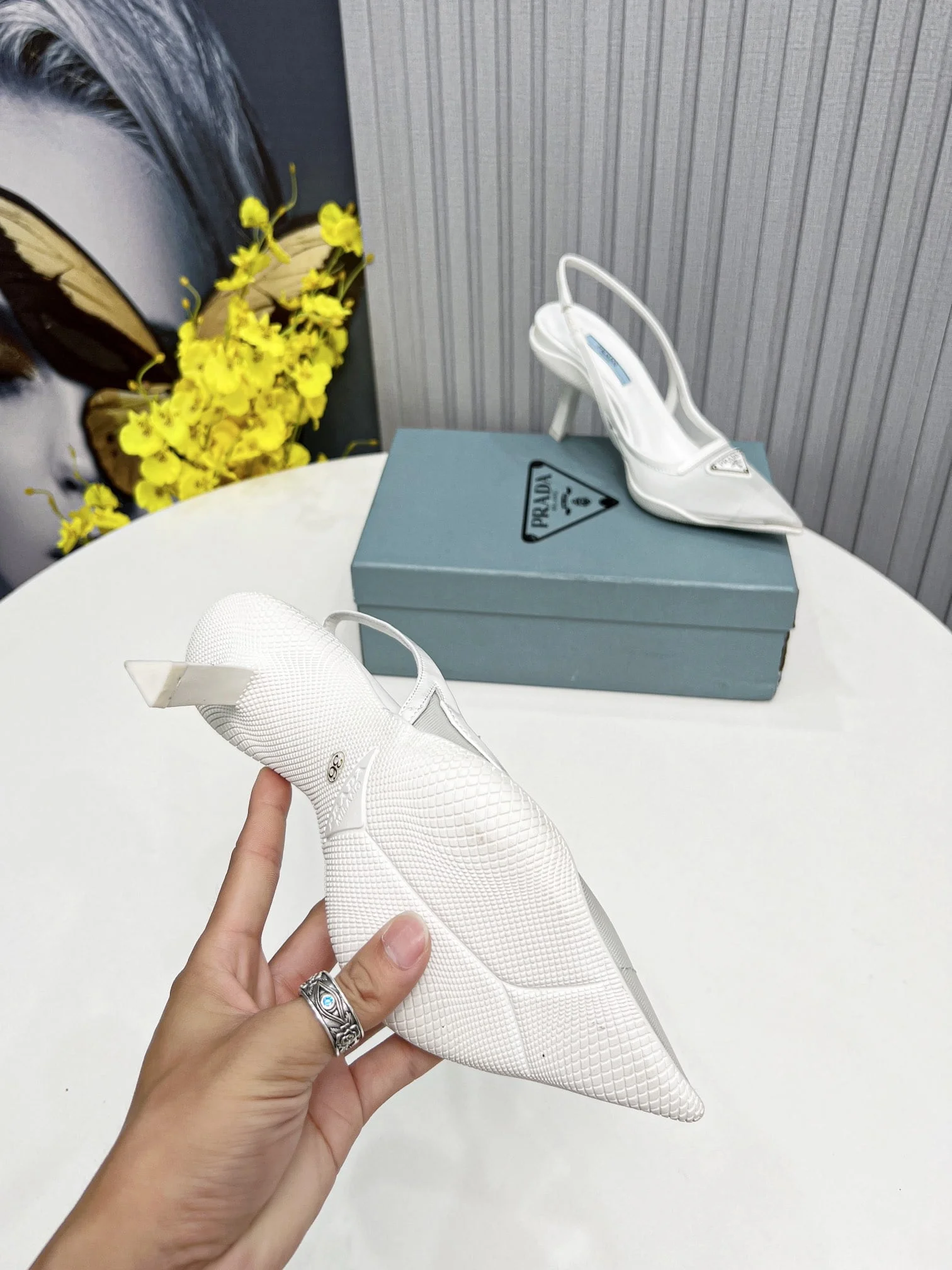 (1:1 replica) Prada Mesh Fabric Slingback Pumps White For Women PRD